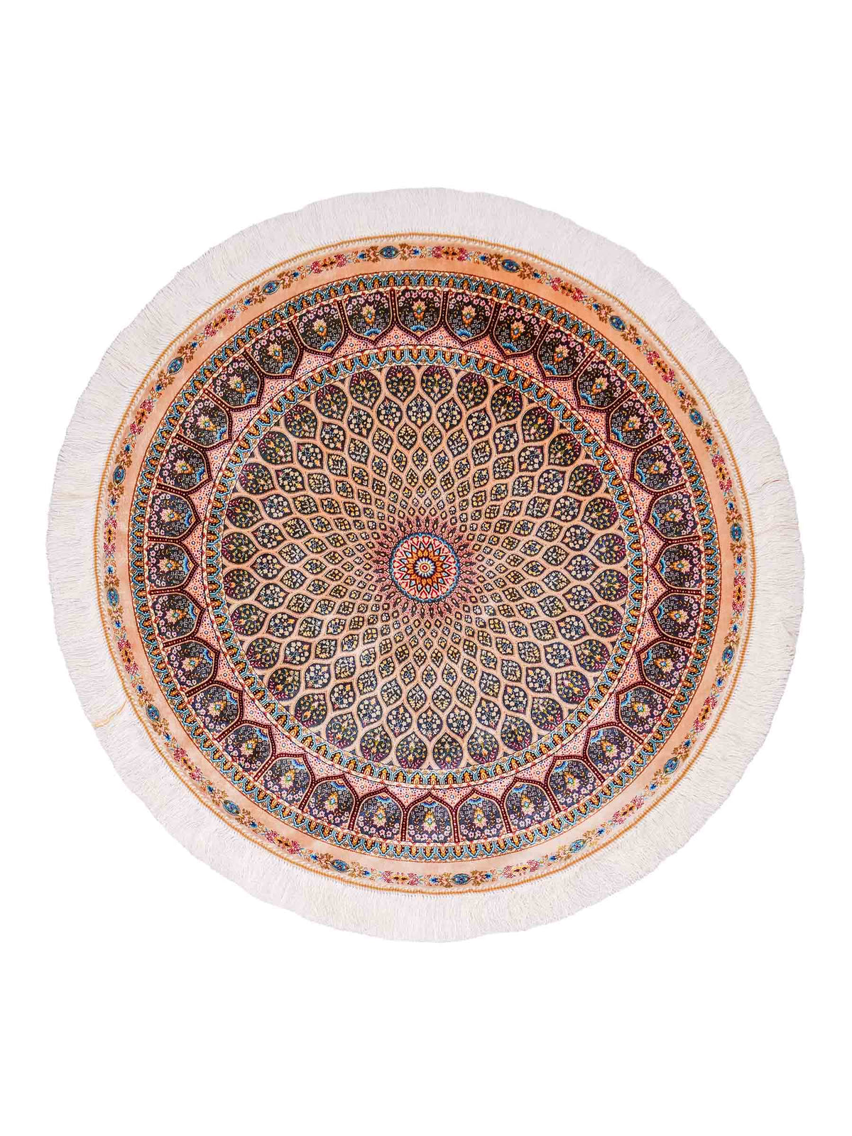 Runder Ghom Maschinenteppich "Goshasp" 100 x 100 cm, mit Medaillon, aus pflanzlicher Seide (Viskose), Beige-Grün. Teppichnummer: V40CG100H. Persian Luxury Collection by Khademi. Made in Iran / Persia – Vertrieb durch JUPITER Intl.