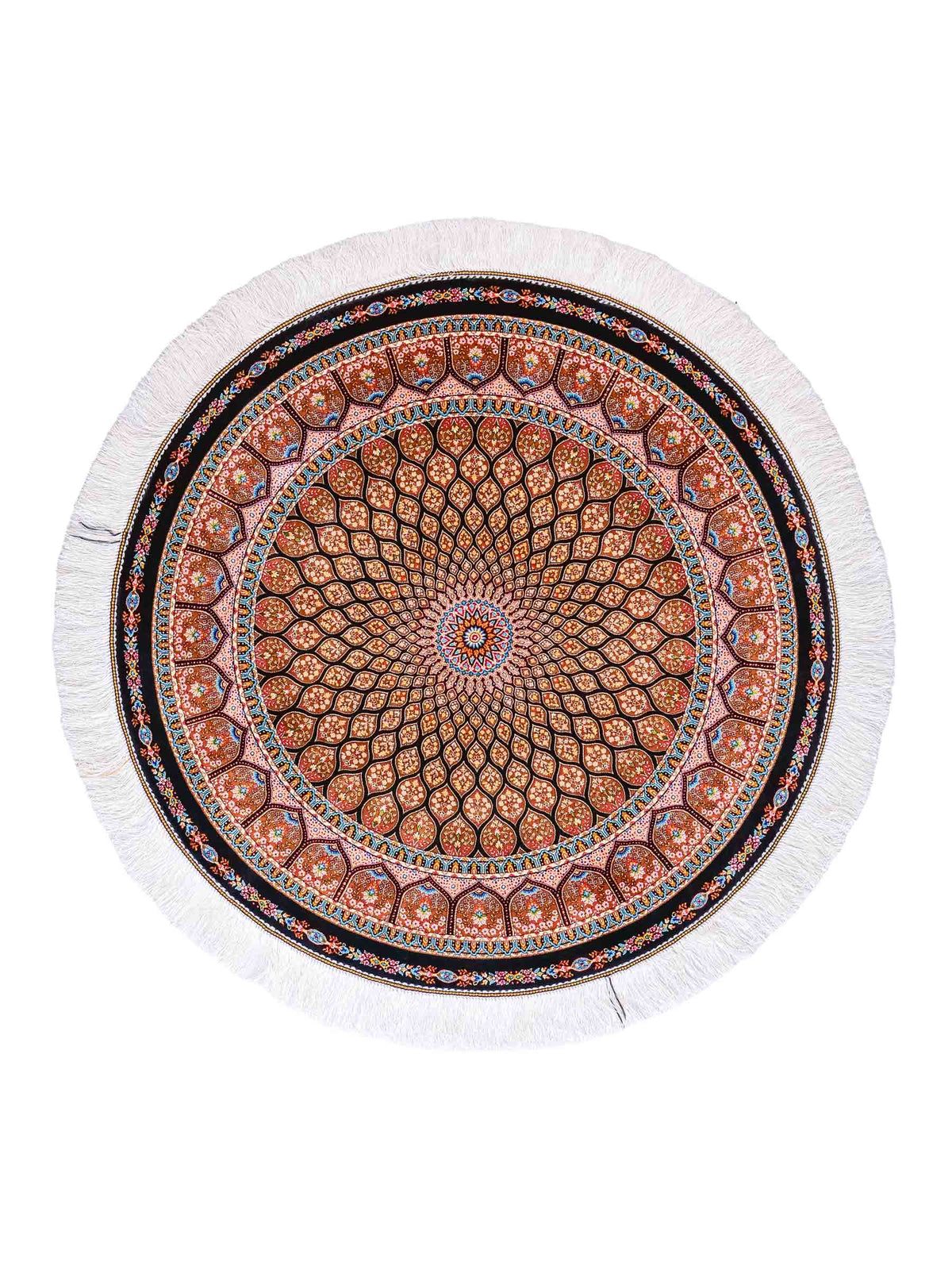 Runder Ghom Maschinenteppich "Goshasp" 100 x 100 cm, mit Medaillon, aus pflanzlicher Seide (Viskose), Braun-Schwarz. Teppichnummer: V40BB100H. Persian Luxury Collection by Khademi. Made in Iran / Persia – Vertrieb durch JUPITER Intl.