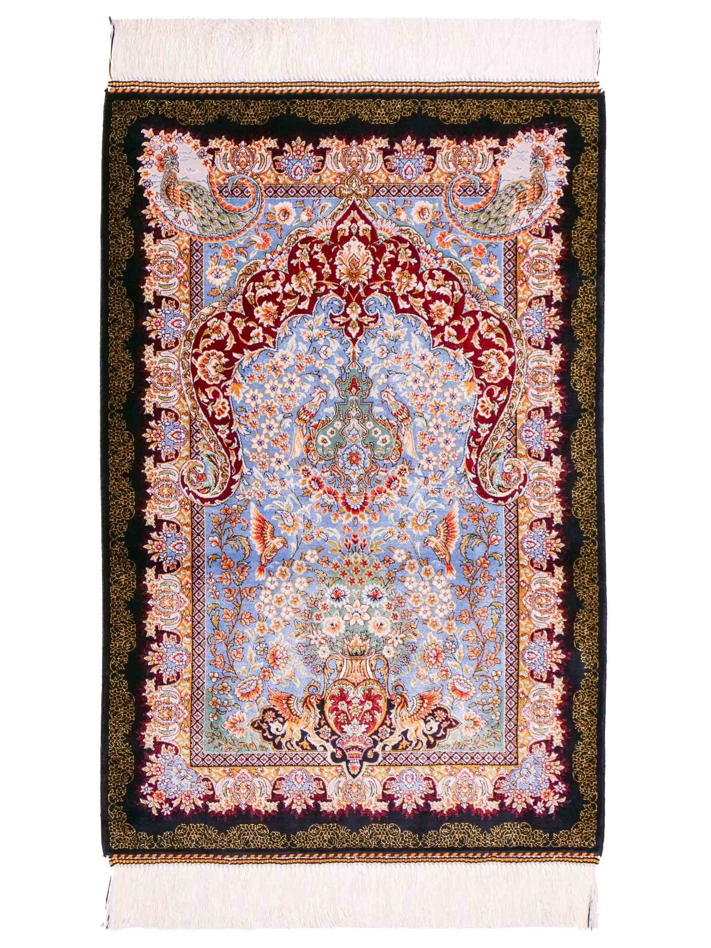 Ghom Maschinenteppich "Gudarz" 90 x 60 cm aus pflanzlicher Seide (Viskose). Wandteppich mit Bildmotiv, Schwarz-Blau. Teppichnummer: V39BK054H. Persian Luxury Collection by Khademi. Made in Iran / Persia – Vertrieb durch JUPITER Intl.