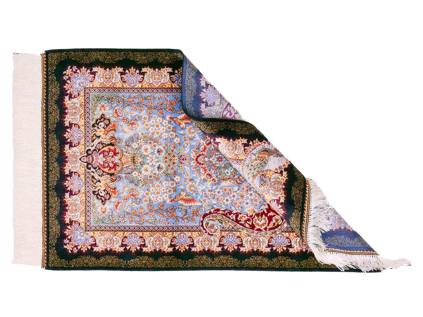 Ghom Maschinenteppich "Gudarz" 90 x 60 cm aus pflanzlicher Seide (Viskose). Wandteppich mit Bildmotiv, Schwarz-Blau. Teppichnummer: V39BK054H. Persian Luxury Collection by Khademi. Made in Iran / Persia – Vertrieb durch JUPITER Intl.