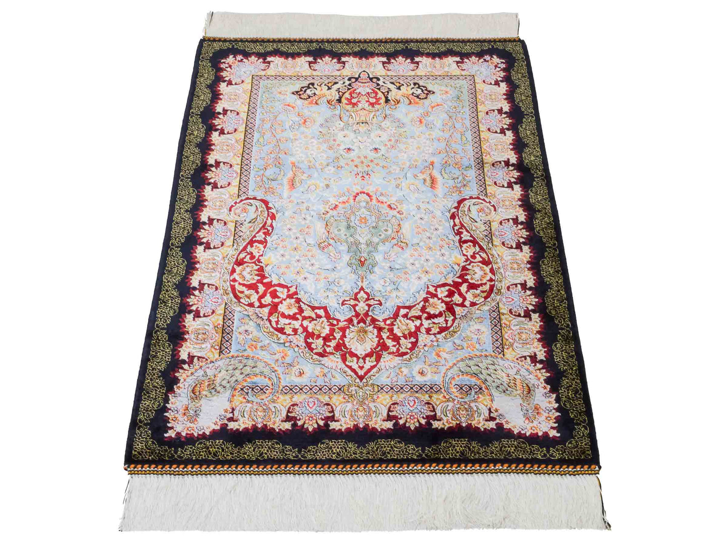Ghom Maschinenteppich "Gudarz" 90 x 60 cm aus pflanzlicher Seide (Viskose). Wandteppich mit Bildmotiv, Schwarz-Blau. Teppichnummer: V39BK054H. Persian Luxury Collection by Khademi. Made in Iran / Persia – Vertrieb durch JUPITER Intl.