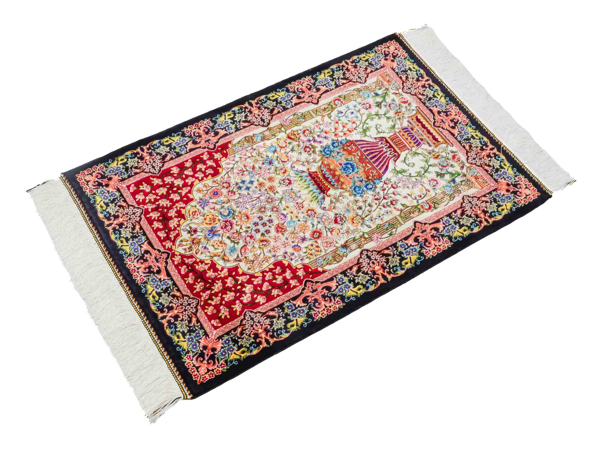 Ghom Maschinenteppich "Gushtasp" 90 x 60 cm aus pflanzlicher Seide (Viskose). Wandteppich mit Bildmotiv, Cremeweiß-Schwarz. Teppichnummer: V43CR054H. Persian Luxury Collection by Khademi. Made in Iran / Persia – Vertrieb durch JUPITER Intl.
