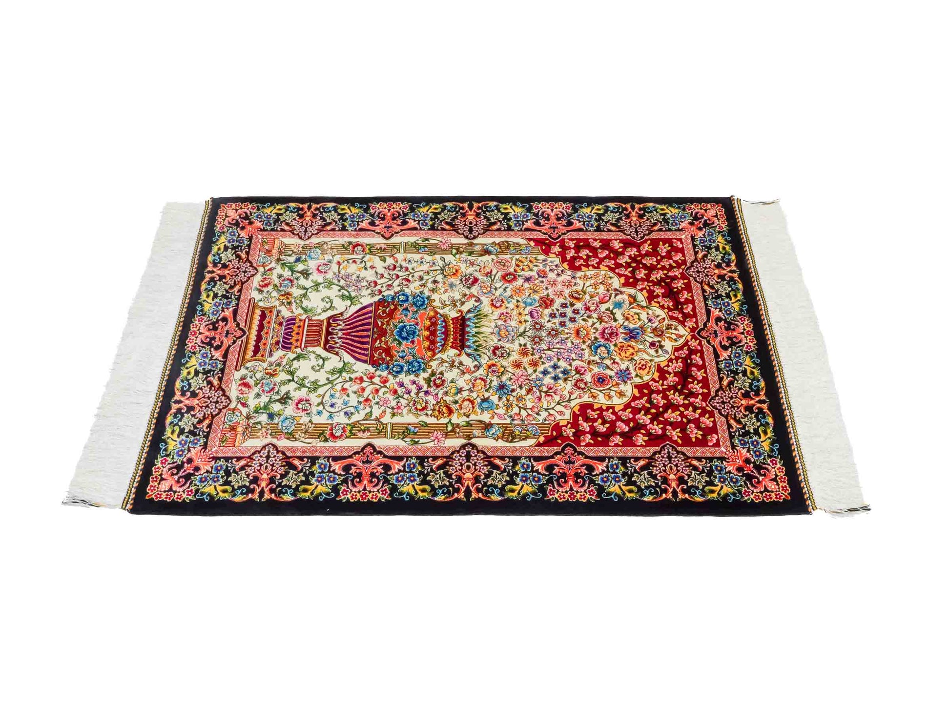 Ghom Maschinenteppich "Gushtasp" 90 x 60 cm aus pflanzlicher Seide (Viskose). Wandteppich mit Bildmotiv, Cremeweiß-Schwarz. Teppichnummer: V43CR054H. Persian Luxury Collection by Khademi. Made in Iran / Persia – Vertrieb durch JUPITER Intl.