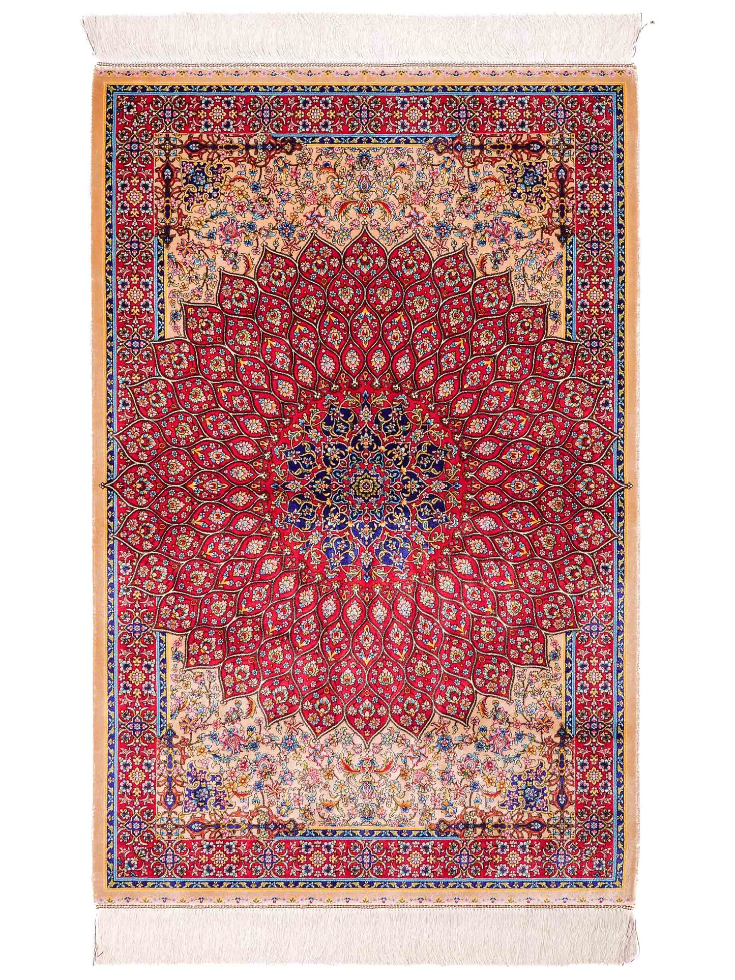 Ghom Maschinenteppich "Homa" 120 x 80 cm aus pflanzlicher Seide (Viskose) mit Medaillon, Beige-Rot. Teppichnummer: V44BR096H. Persian Luxury Collection by Khademi. Made in Iran / Persia – Vertrieb durch JUPITER Intl.
