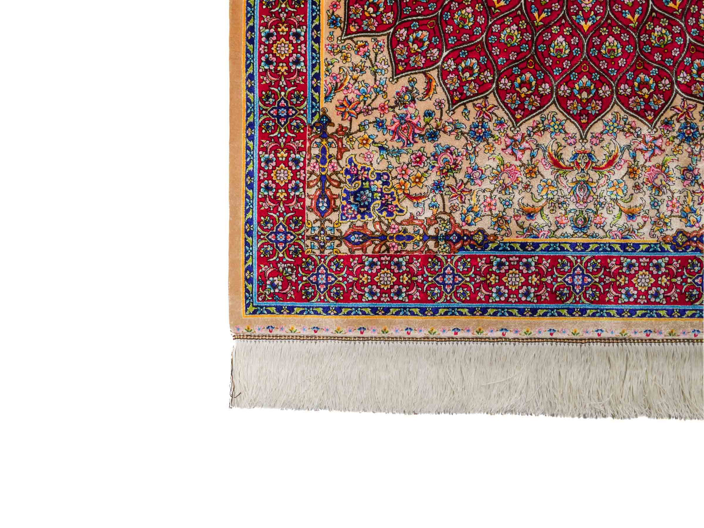 Ghom Maschinenteppich "Homa" 120 x 80 cm aus pflanzlicher Seide (Viskose) mit Medaillon, Beige-Rot. Teppichnummer: V44BR096H. Persian Luxury Collection by Khademi. Made in Iran / Persia – Vertrieb durch JUPITER Intl.