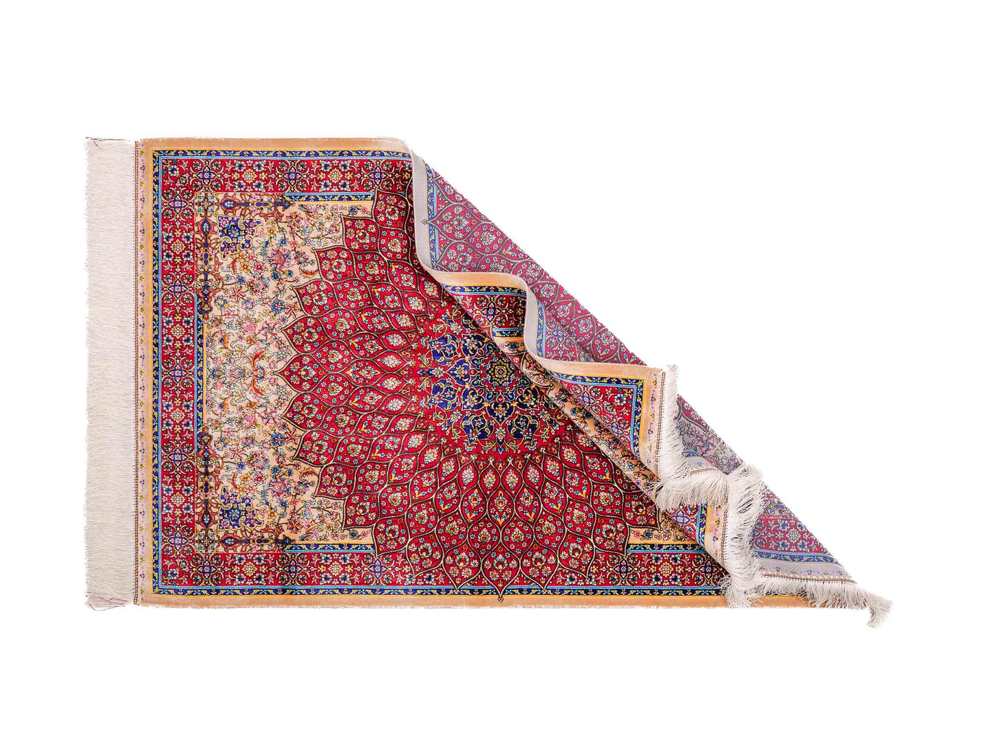 Ghom Maschinenteppich "Homa" 120 x 80 cm aus pflanzlicher Seide (Viskose) mit Medaillon, Beige-Rot. Teppichnummer: V44BR096H. Persian Luxury Collection by Khademi. Made in Iran / Persia – Vertrieb durch JUPITER Intl.