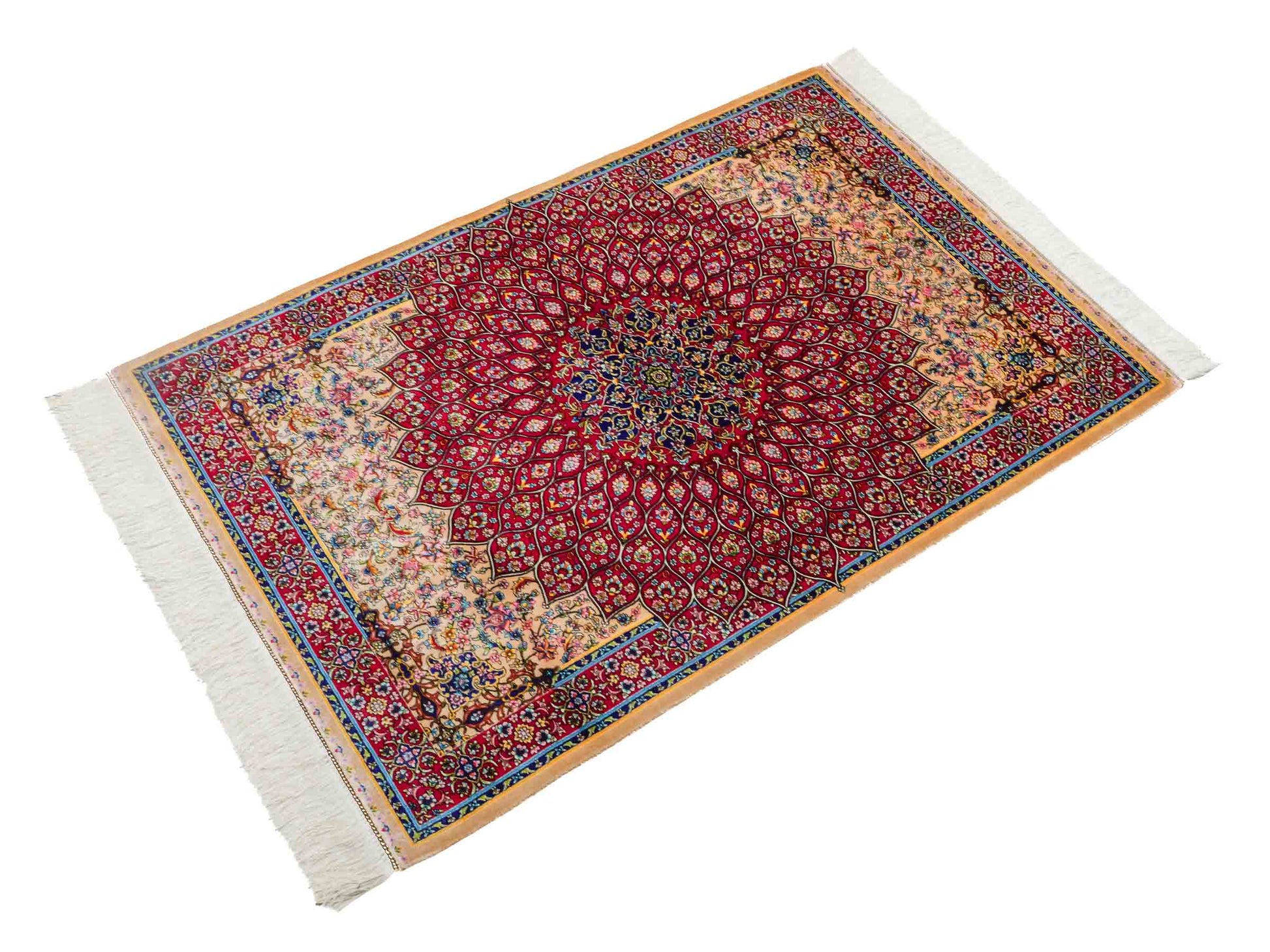 Ghom Maschinenteppich "Homa" 120 x 80 cm aus pflanzlicher Seide (Viskose) mit Medaillon, Beige-Rot. Teppichnummer: V44BR096H. Persian Luxury Collection by Khademi. Made in Iran / Persia – Vertrieb durch JUPITER Intl.