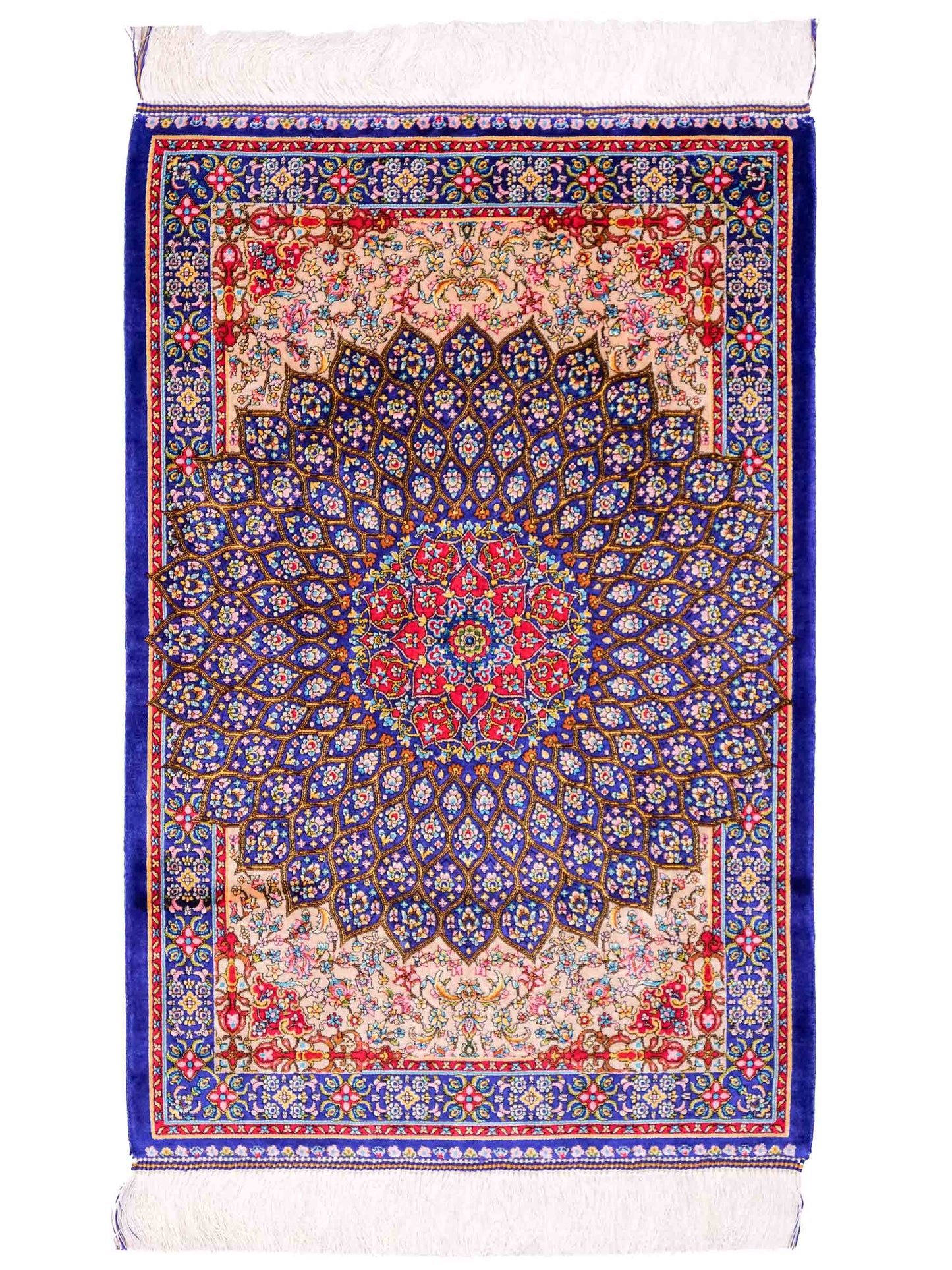 Ghom Maschinenteppich "Homa" 90 x 60 cm aus pflanzlicher Seide (Viskose) mit Medaillon, Blau-Beige. Teppichnummer: V44BB054H. Persian Luxury Collection by Khademi. Made in Iran / Persia – Vertrieb durch JUPITER Intl.