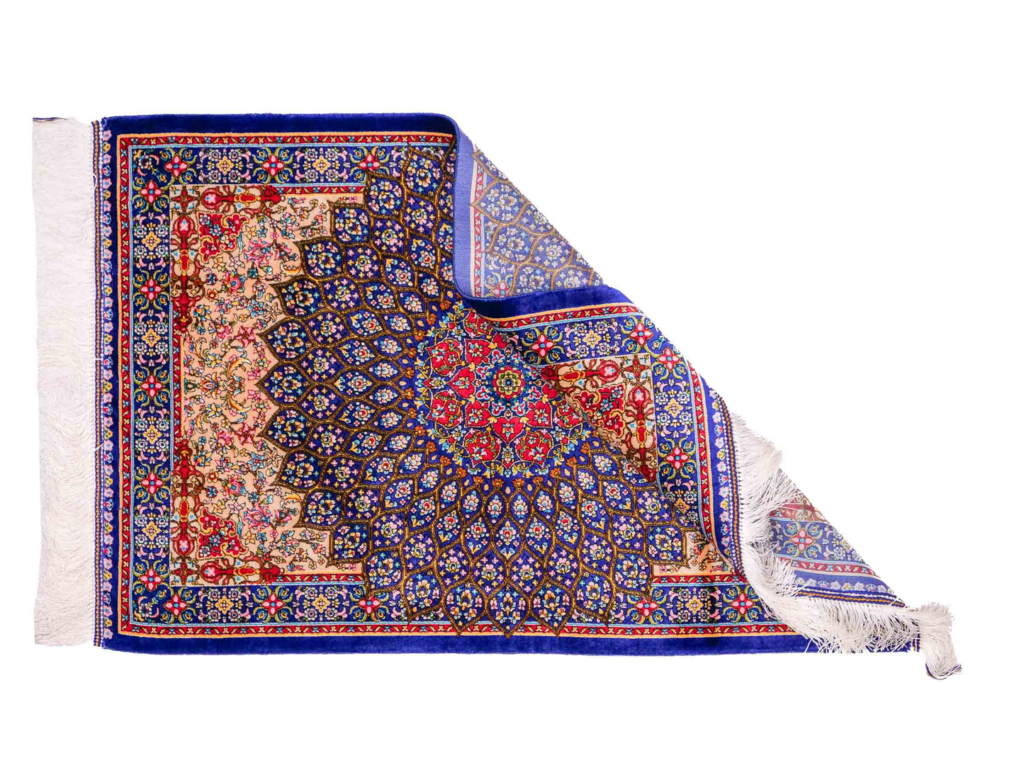 Ghom Maschinenteppich "Homa" 90 x 60 cm aus pflanzlicher Seide (Viskose) mit Medaillon, Blau-Beige. Teppichnummer: V44BB054H. Persian Luxury Collection by Khademi. Made in Iran / Persia – Vertrieb durch JUPITER Intl.