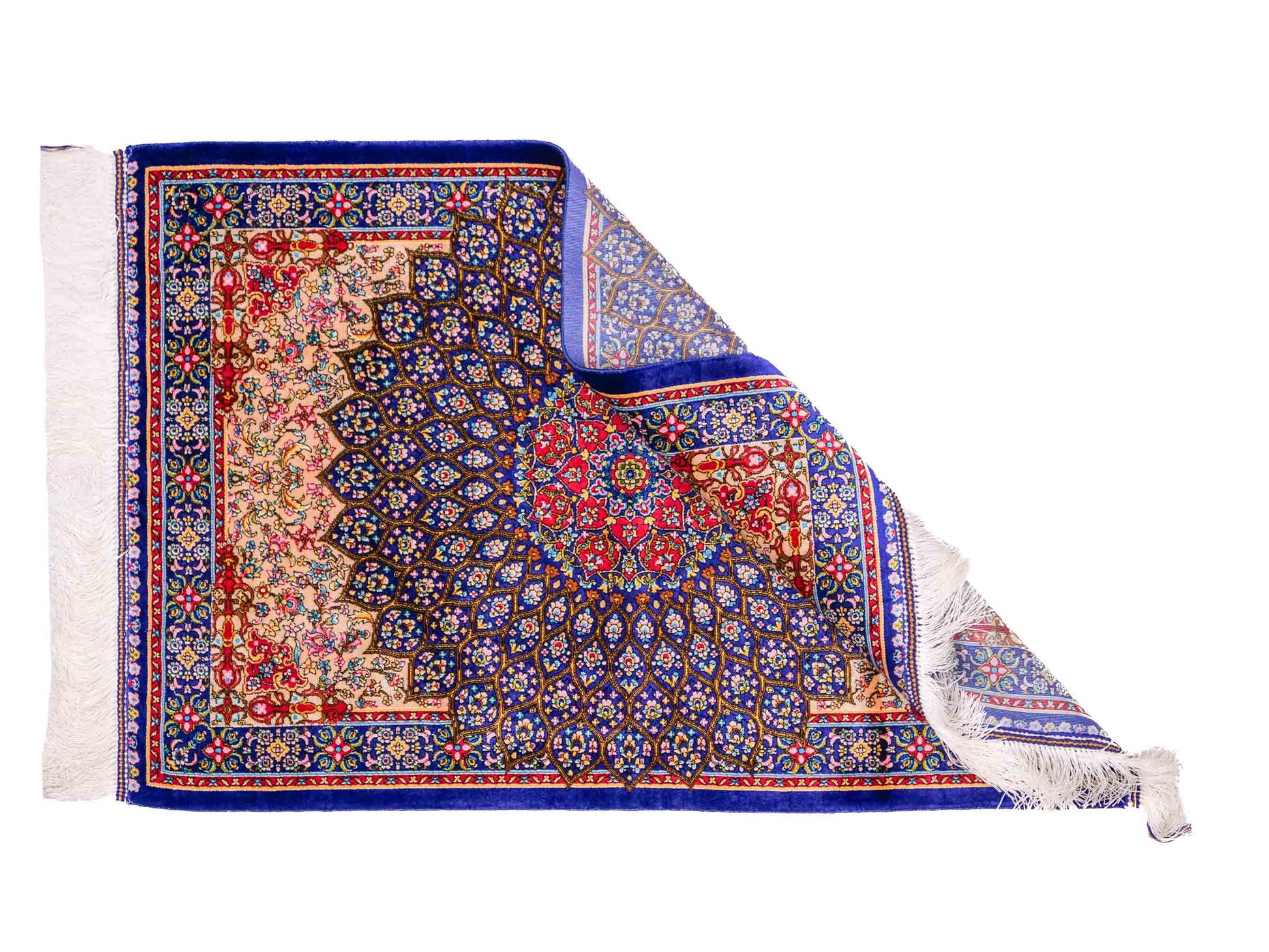 Ghom Maschinenteppich "Homa" 90 x 60 cm aus pflanzlicher Seide (Viskose) mit Medaillon, Blau-Beige. Teppichnummer: V44BB054H. Persian Luxury Collection by Khademi. Made in Iran / Persia – Vertrieb durch JUPITER Intl.