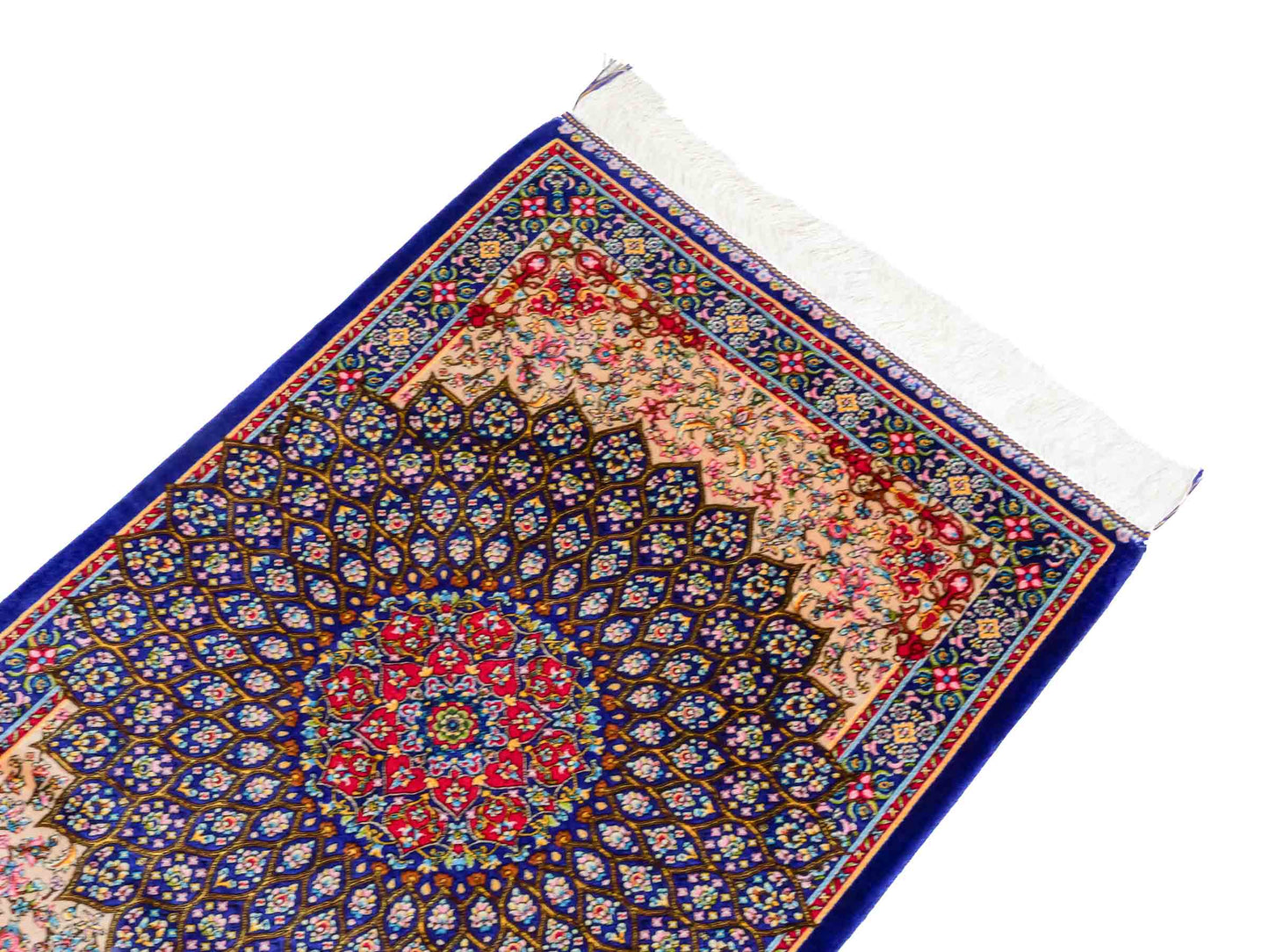 Ghom Maschinenteppich "Homa" 90 x 60 cm aus pflanzlicher Seide (Viskose) mit Medaillon, Blau-Beige. Teppichnummer: V44BB054H. Persian Luxury Collection by Khademi. Made in Iran / Persia – Vertrieb durch JUPITER Intl.