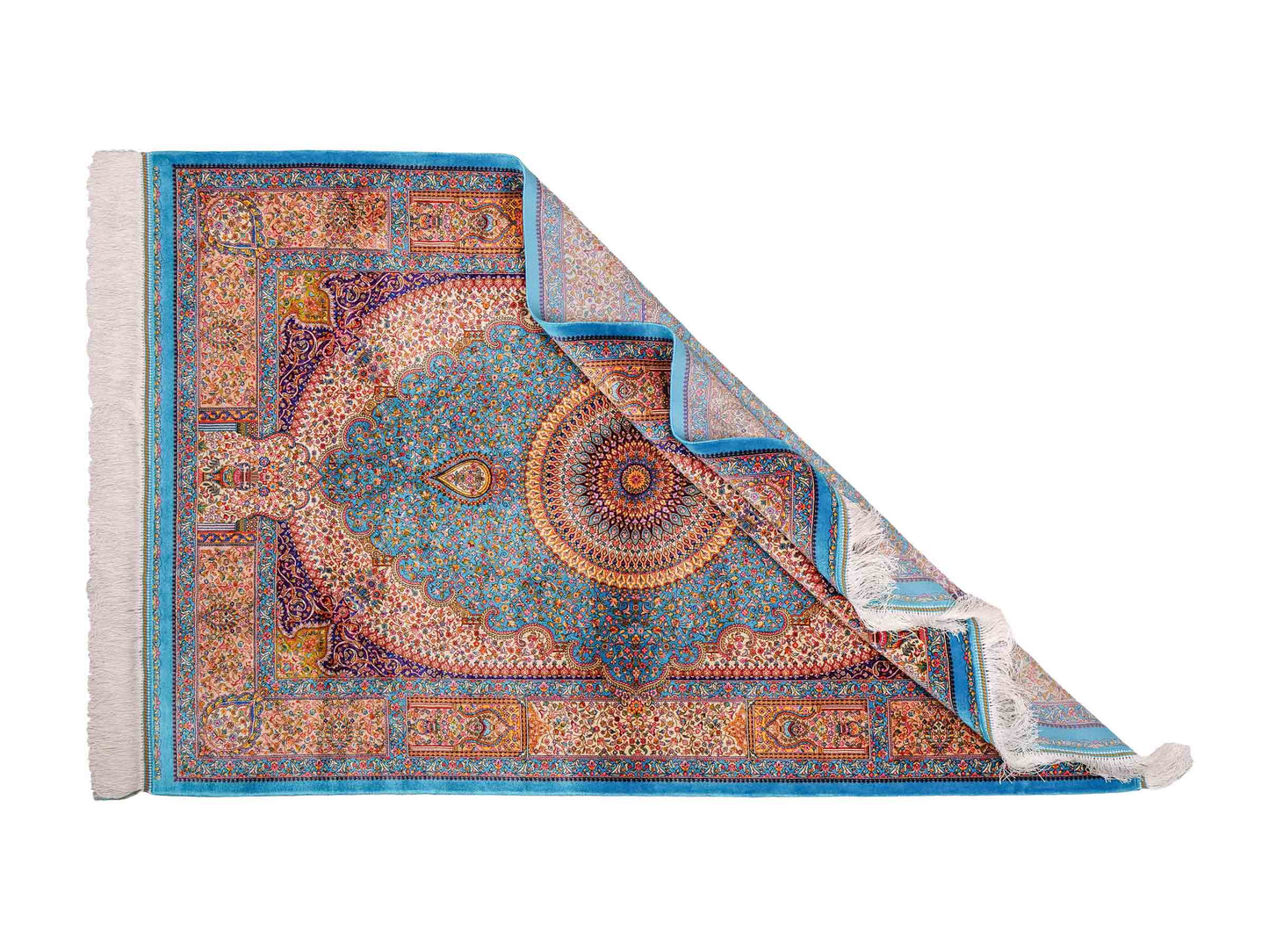 Ghom Maschinenteppich "Homay" 150 x 100 cm aus pflanzlicher Seide (Viskose) mit Medaillon, Hellblau, Cremeweiß. Teppichnummer: V45TC150H. Persian Luxury Collection by Khademi. Made in Iran / Persia – Vertrieb durch JUPITER Intl.
