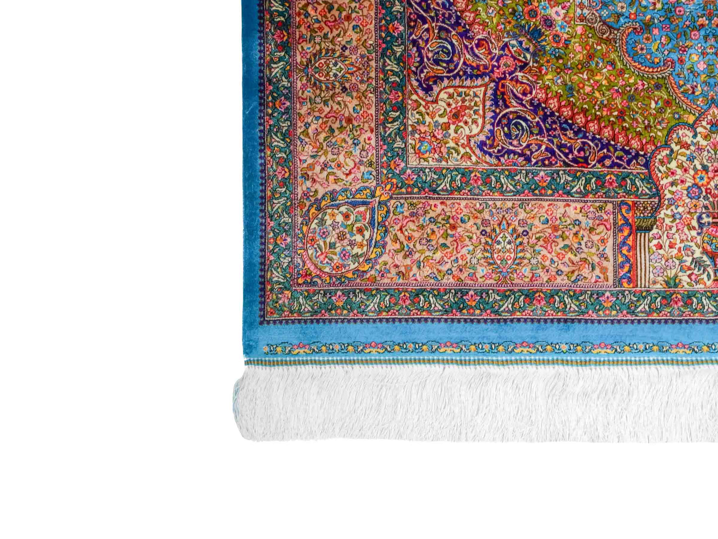 Ghom Maschinenteppich "Homay" 150 x 100 cm aus pflanzlicher Seide (Viskose) mit Medaillon, Hellblau, Hellgrün. Teppichnummer: V45TG150H. Persian Luxury Collection by Khademi. Made in Iran / Persia – Vertrieb durch JUPITER Intl.