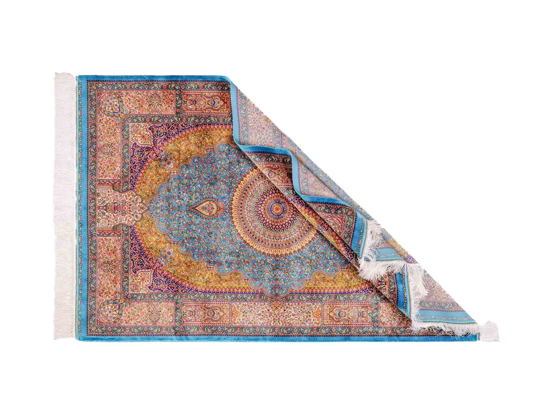 Ghom Maschinenteppich "Homay" 150 x 100 cm aus pflanzlicher Seide (Viskose) mit Medaillon, Hellblau, Hellgrün. Teppichnummer: V45TG150H. Persian Luxury Collection by Khademi. Made in Iran / Persia – Vertrieb durch JUPITER Intl.