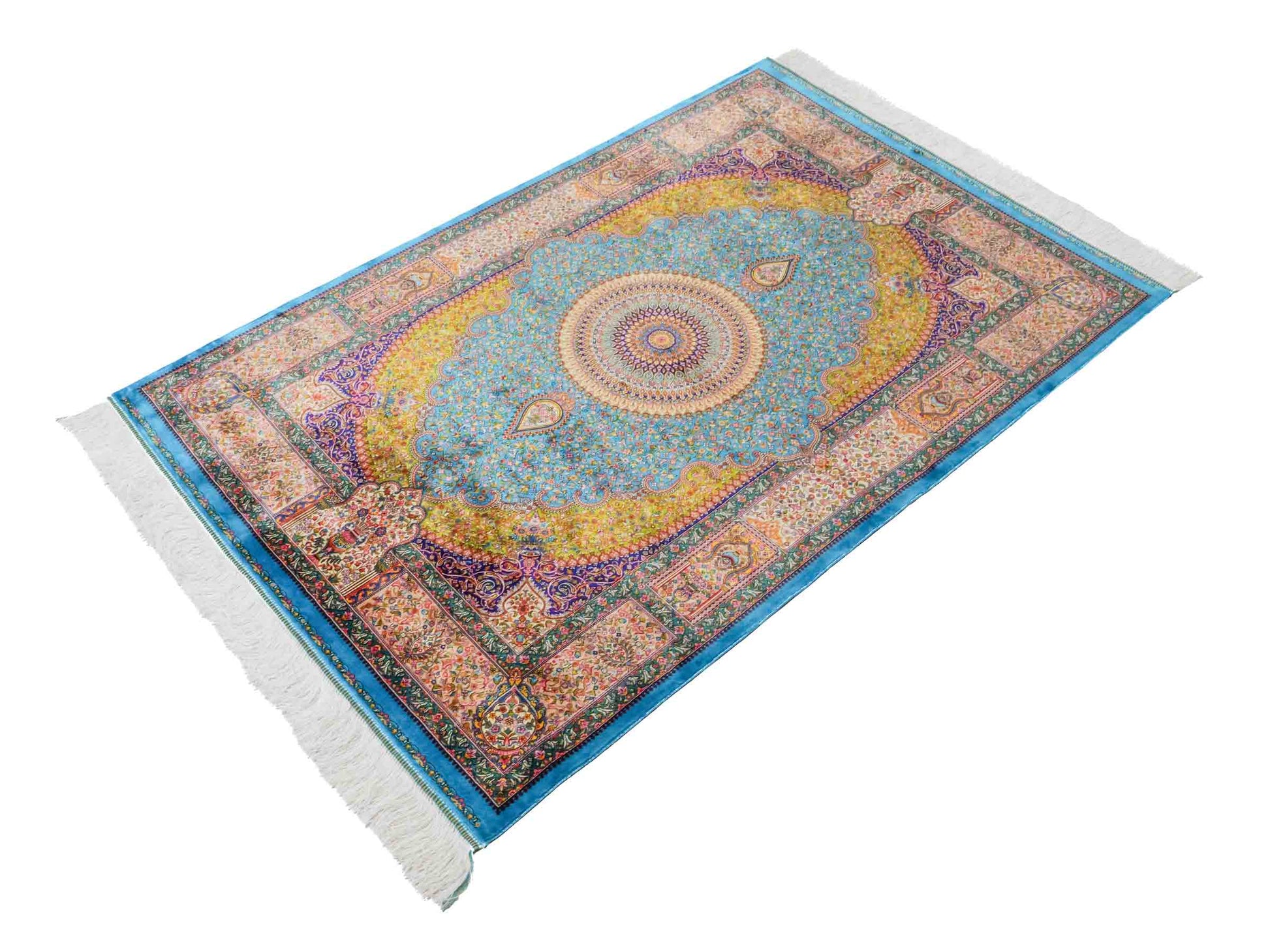 Ghom Maschinenteppich "Homay" 150 x 100 cm aus pflanzlicher Seide (Viskose) mit Medaillon, Hellblau, Hellgrün. Teppichnummer: V45TG150H. Persian Luxury Collection by Khademi. Made in Iran / Persia – Vertrieb durch JUPITER Intl.