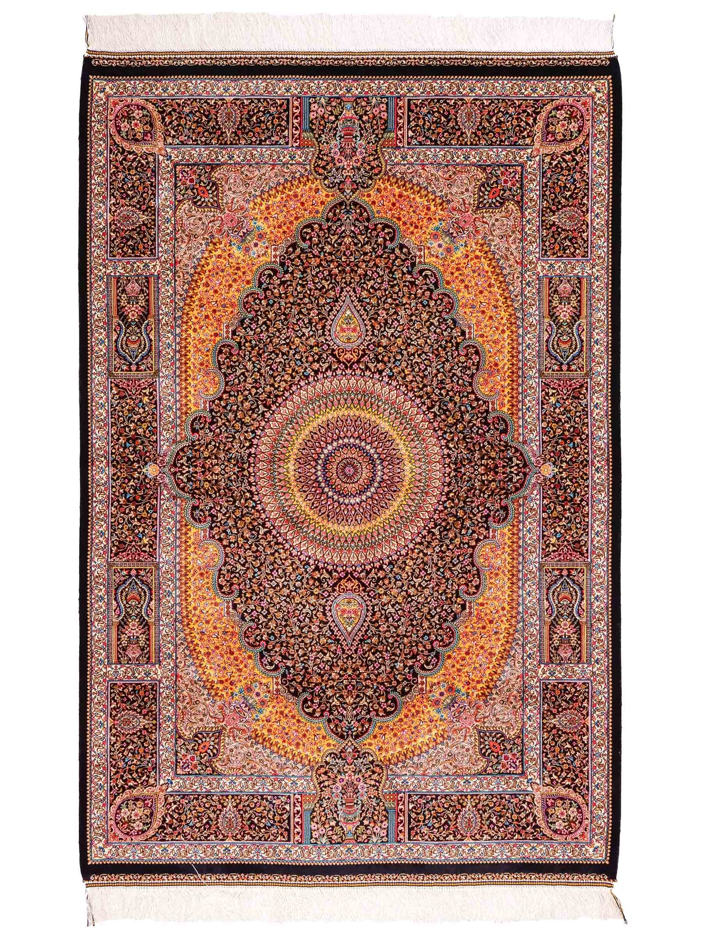 Ghom Maschinenteppich "Homay" 150 x 100 cm aus pflanzlicher Seide (Viskose) mit Medaillon, Schwarz. Teppichnummer: V45BK150H. Persian Luxury Collection by Khademi. Made in Iran / Persia – Vertrieb durch JUPITER Intl.