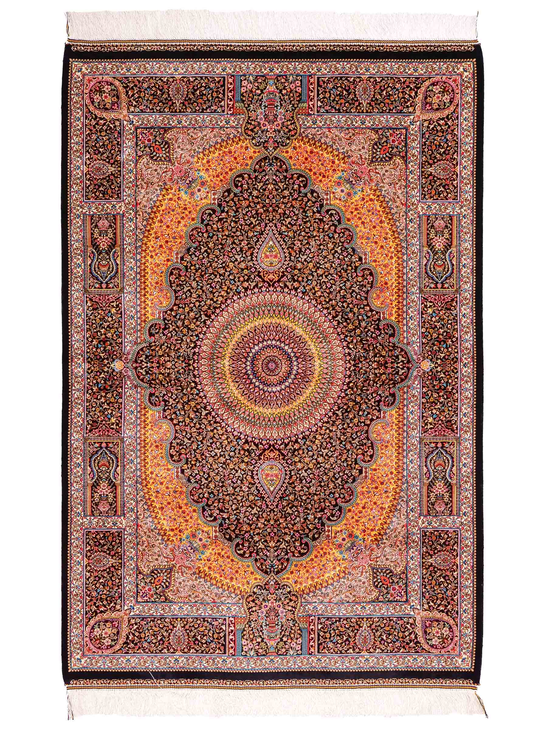 Ghom Maschinenteppich "Homay" 150 x 100 cm aus pflanzlicher Seide (Viskose) mit Medaillon, Schwarz. Teppichnummer: V45BK150H. Persian Luxury Collection by Khademi. Made in Iran / Persia – Vertrieb durch JUPITER Intl.