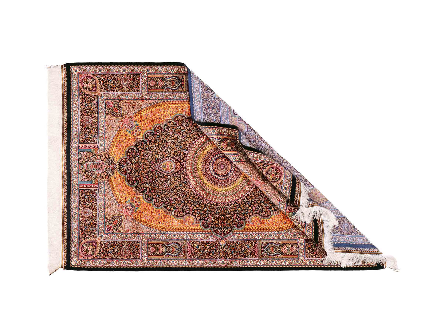 Ghom Maschinenteppich "Homay" 150 x 100 cm aus pflanzlicher Seide (Viskose) mit Medaillon, Schwarz. Teppichnummer: V45BK150H. Persian Luxury Collection by Khademi. Made in Iran / Persia – Vertrieb durch JUPITER Intl.