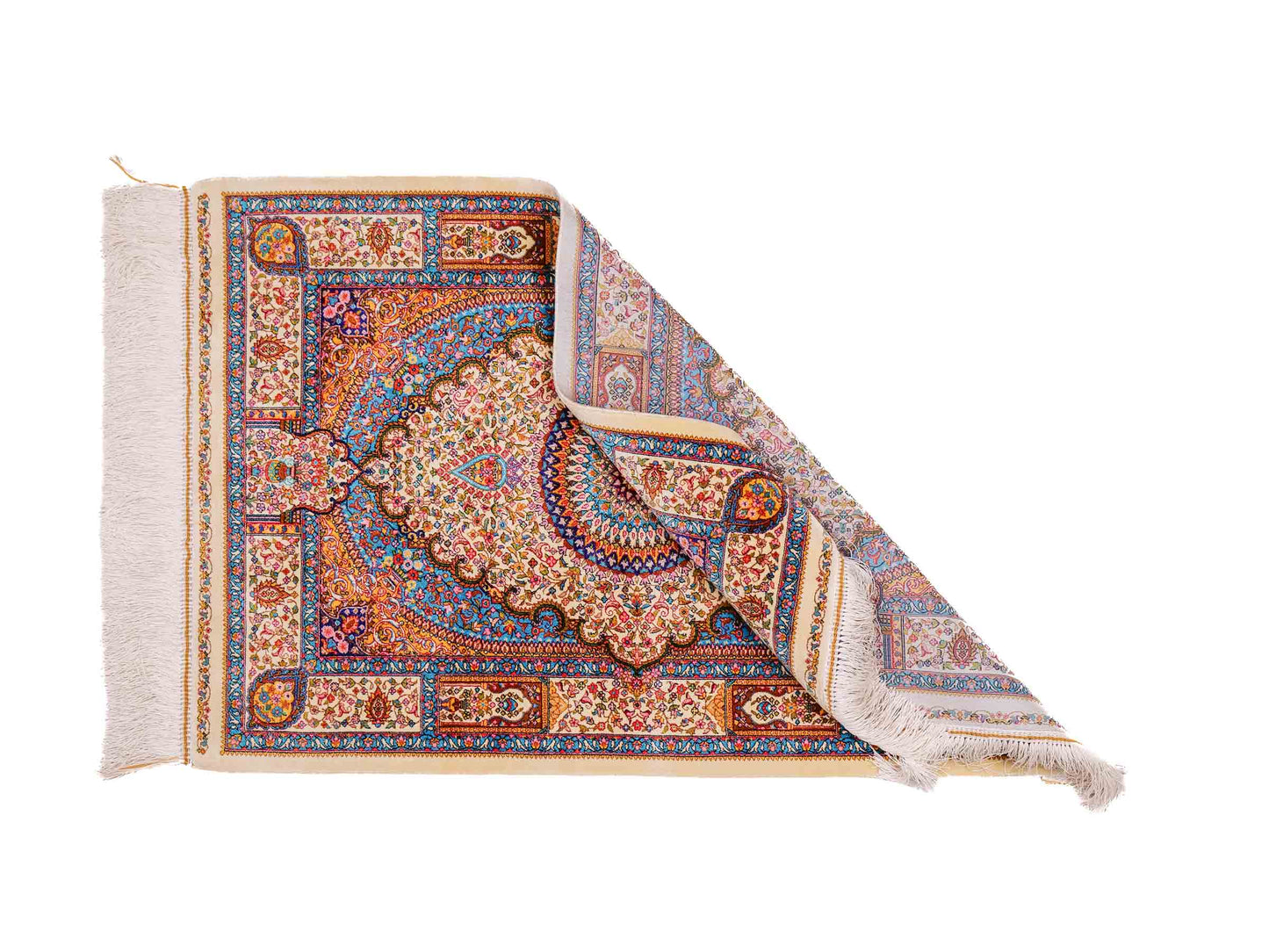Ghom Maschinenteppich "Homay" 90 x 60 cm aus pflanzlicher Seide (Viskose) mit Medaillon, Cremeweiß, Hellblau. Teppichnummer: V45CT054H. Persian Luxury Collection by Khademi. Made in Iran / Persia – Vertrieb durch JUPITER Intl.