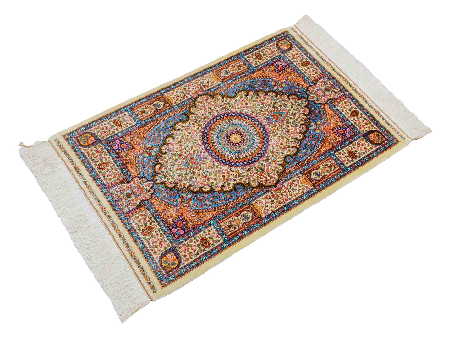 Ghom Maschinenteppich "Homay" 90 x 60 cm aus pflanzlicher Seide (Viskose) mit Medaillon, Cremeweiß, Hellblau. Teppichnummer: V45CT054H. Persian Luxury Collection by Khademi. Made in Iran / Persia – Vertrieb durch JUPITER Intl.