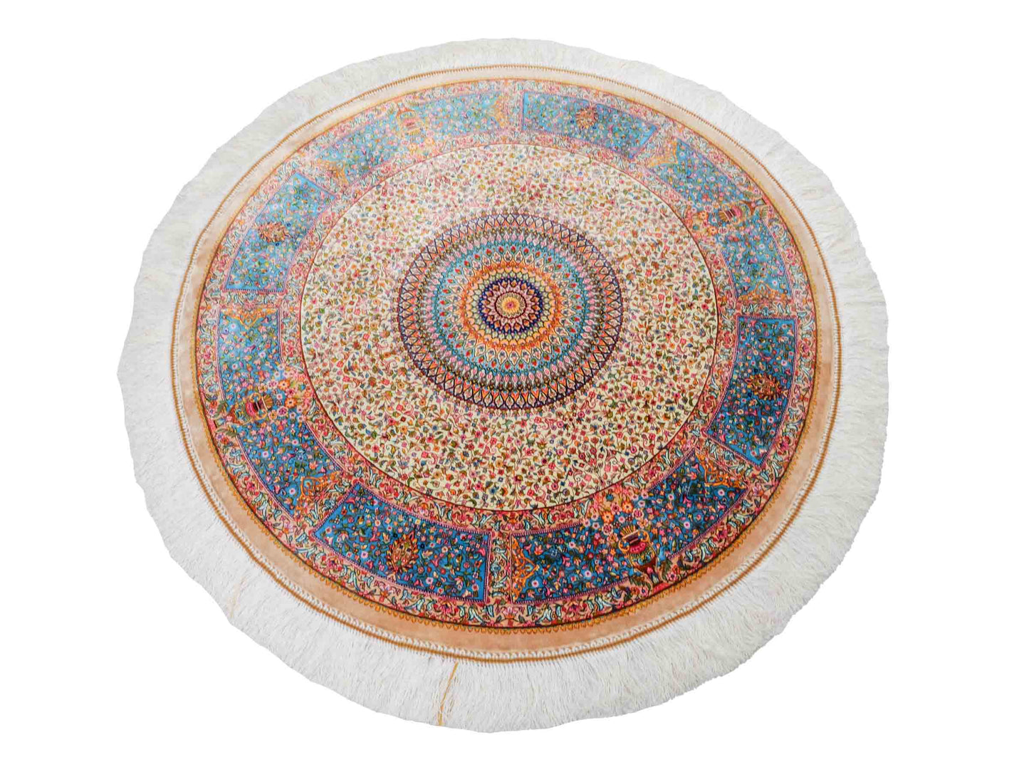 Runder Ghom Maschinenteppich "Hushang" 100 x 100 cm aus pflanzlicher Seide (Viskose) mit Medaillon, Cremeweiß, Hellblau. Teppichnummer: V46CT100H. Persian Luxury Collection by Khademi. Made in Iran / Persia – Vertrieb durch JUPITER Intl.
