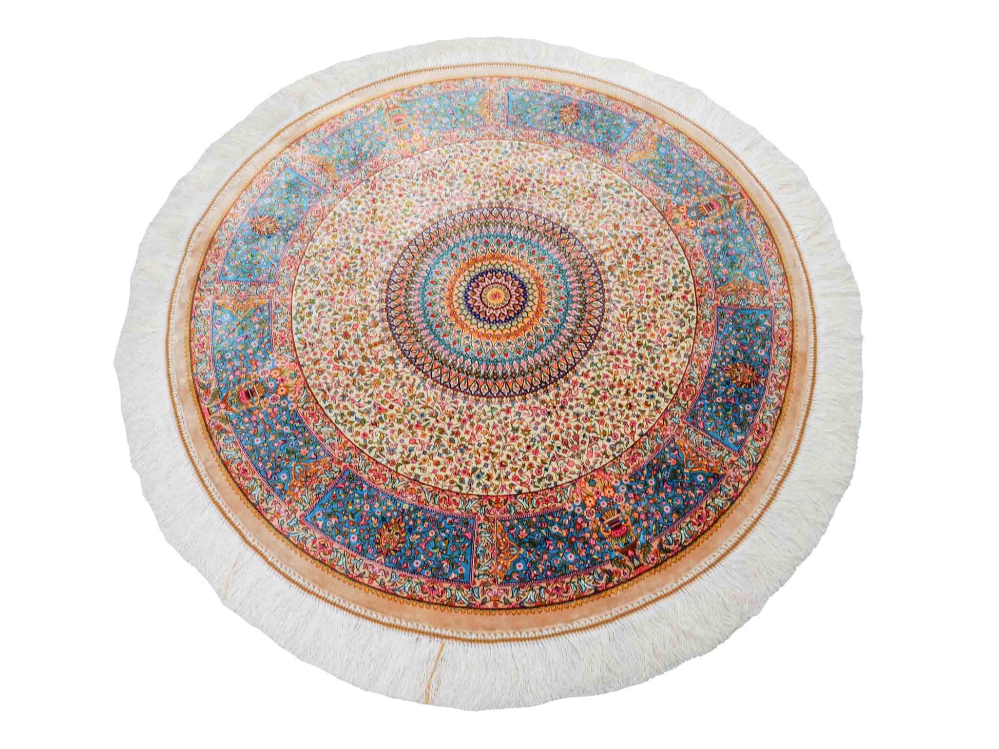 Runder Ghom Maschinenteppich "Hushang" 100 x 100 cm aus pflanzlicher Seide (Viskose) mit Medaillon, Cremeweiß, Hellblau. Teppichnummer: V46CT100H. Persian Luxury Collection by Khademi. Made in Iran / Persia – Vertrieb durch JUPITER Intl.