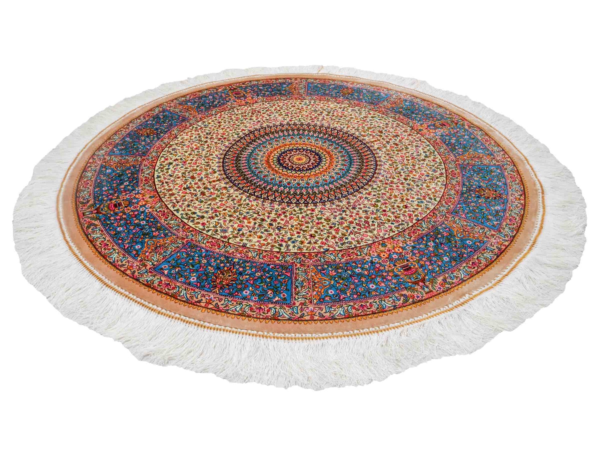 Runder Ghom Maschinenteppich "Hushang" 100 x 100 cm aus pflanzlicher Seide (Viskose) mit Medaillon, Cremeweiß, Hellblau. Teppichnummer: V46CT100H. Persian Luxury Collection by Khademi. Made in Iran / Persia – Vertrieb durch JUPITER Intl.