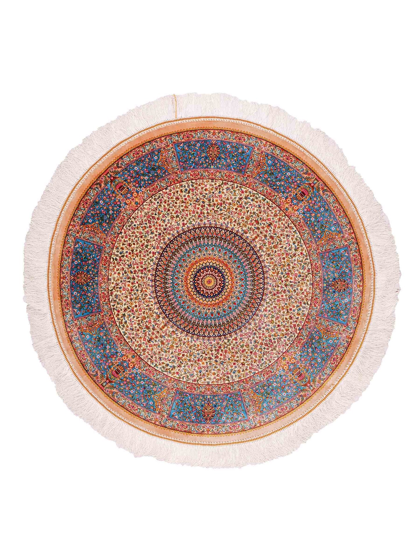 Runder Ghom Maschinenteppich "Hushang" 100 x 100 cm aus pflanzlicher Seide (Viskose) mit Medaillon, Cremeweiß, Hellblau. Teppichnummer: V46CT100H. Persian Luxury Collection by Khademi. Made in Iran / Persia – Vertrieb durch JUPITER Intl.