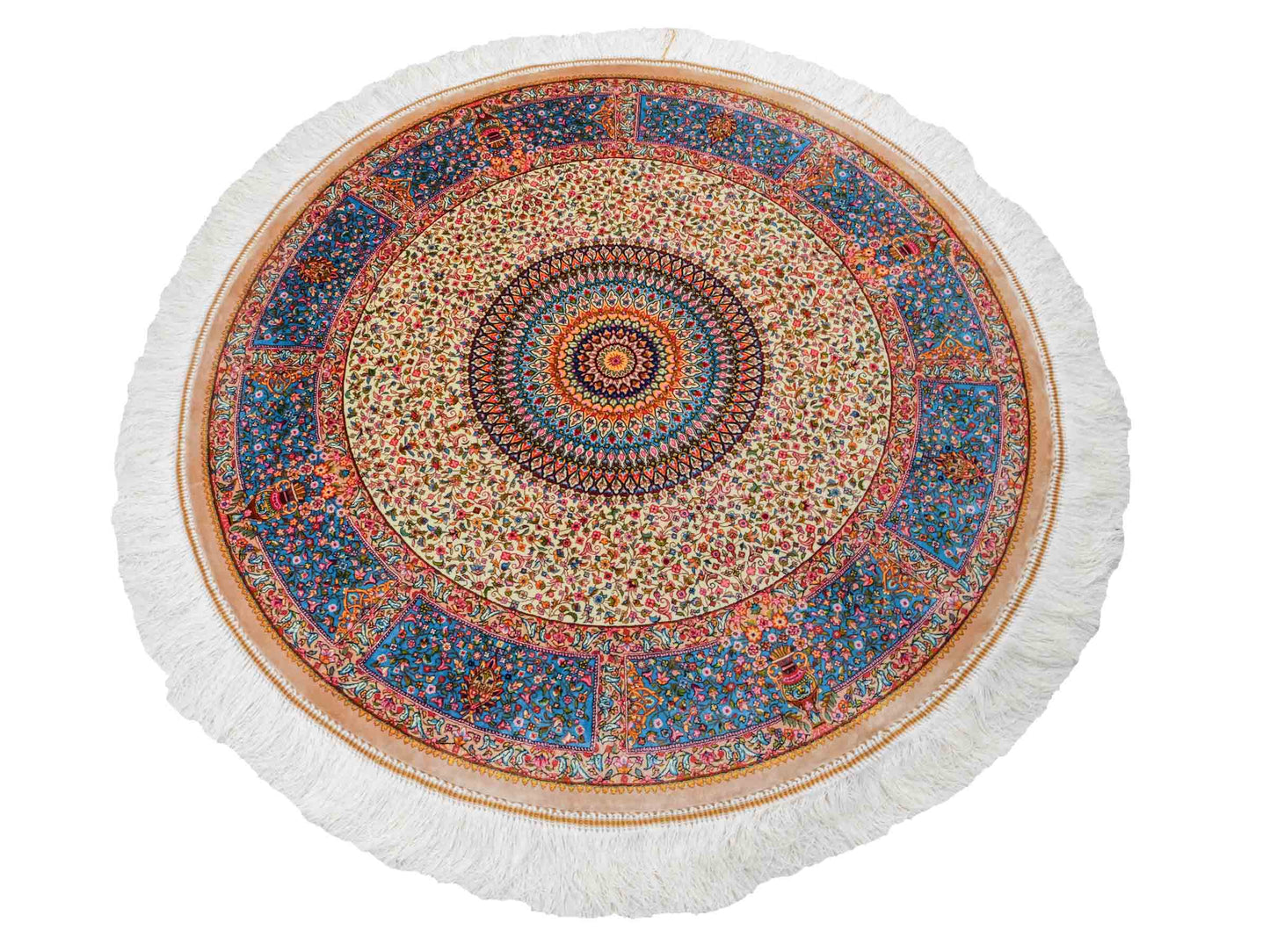 Runder Ghom Maschinenteppich "Hushang" 100 x 100 cm aus pflanzlicher Seide (Viskose) mit Medaillon, Cremeweiß, Hellblau. Teppichnummer: V46CT100H. Persian Luxury Collection by Khademi. Made in Iran / Persia – Vertrieb durch JUPITER Intl.
