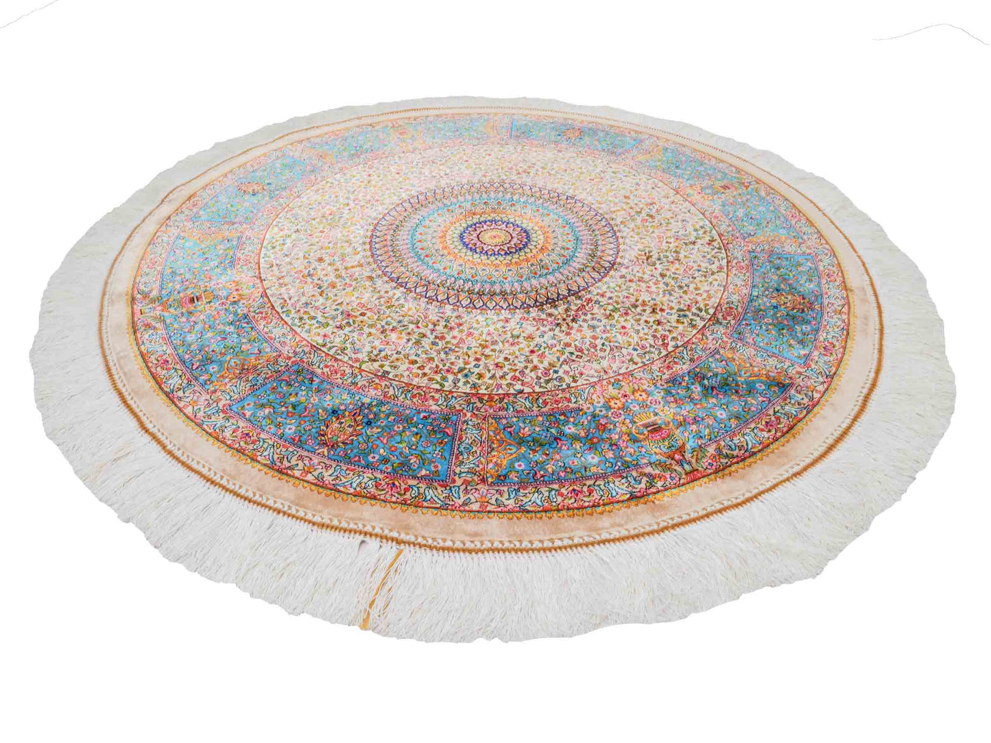 Runder Ghom Maschinenteppich "Hushang" 100 x 100 cm aus pflanzlicher Seide (Viskose) mit Medaillon, Cremeweiß, Hellblau. Teppichnummer: V46CT100H. Persian Luxury Collection by Khademi. Made in Iran / Persia – Vertrieb durch JUPITER Intl.
