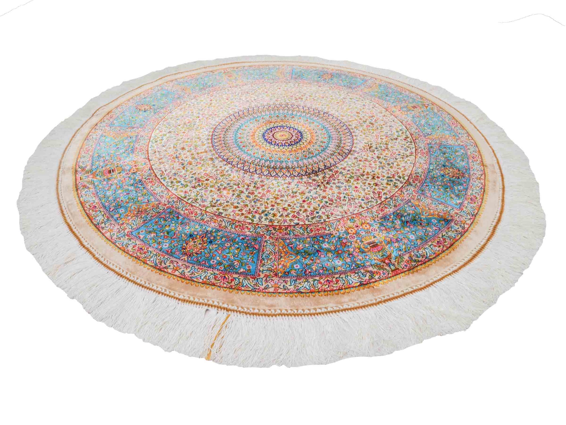 Runder Ghom Maschinenteppich "Hushang" 100 x 100 cm aus pflanzlicher Seide (Viskose) mit Medaillon, Cremeweiß, Hellblau. Teppichnummer: V46CT100H. Persian Luxury Collection by Khademi. Made in Iran / Persia – Vertrieb durch JUPITER Intl.