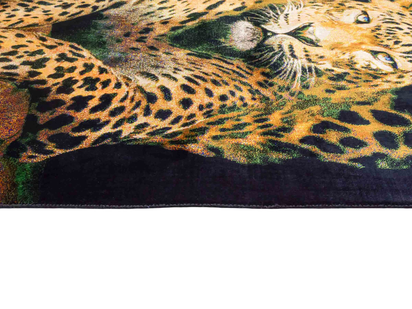 Ghom Maschinenteppich "Iranischer Gepard" 90 x 60 cm aus pflanzlicher Seide (Viskose) mit Bildmotiv, Schwarz, Gelb. Teppichnummer: V59MC054H. Persian Luxury Collection by Khademi. Made in Iran / Persia – Vertrieb durch JUPITER Intl.