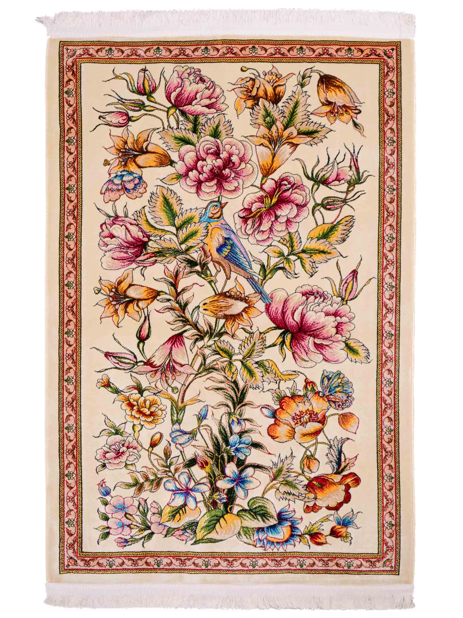 Ghom Maschinenteppich "Jamshid" 90 x 60 cm aus pflanzlicher Seide (Viskose) mit floralem Bildmotiv, Cremeweiß. Teppichnummer: V48CR054M Persian Luxury Collection by Khademi. Made in Iran / Persia – Vertrieb durch JUPITER Intl.
