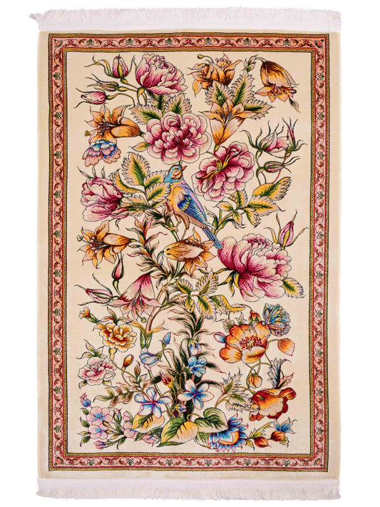 Ghom Maschinenteppich "Jamshid" 90 x 60 cm aus pflanzlicher Seide (Viskose) mit floralem Bildmotiv, Cremeweiß. Teppichnummer: V48CR054M Persian Luxury Collection by Khademi. Made in Iran / Persia – Vertrieb durch JUPITER Intl.