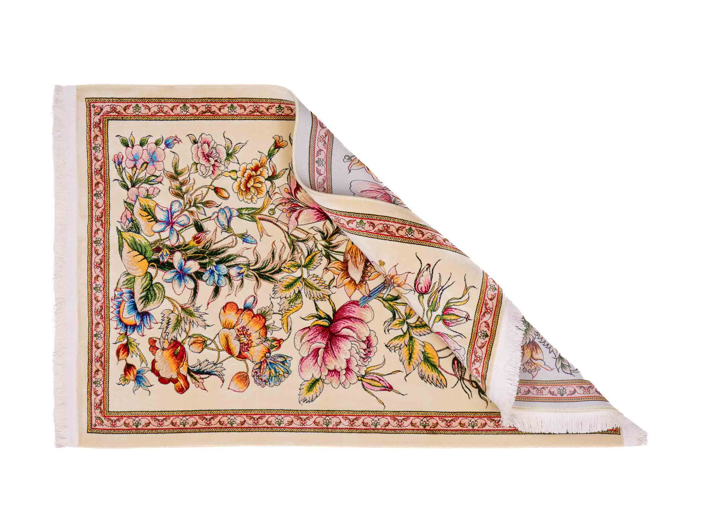 Ghom Maschinenteppich "Jamshid" 90 x 60 cm aus pflanzlicher Seide (Viskose) mit floralem Bildmotiv, Cremeweiß. Teppichnummer: V48CR054M Persian Luxury Collection by Khademi. Made in Iran / Persia – Vertrieb durch JUPITER Intl.