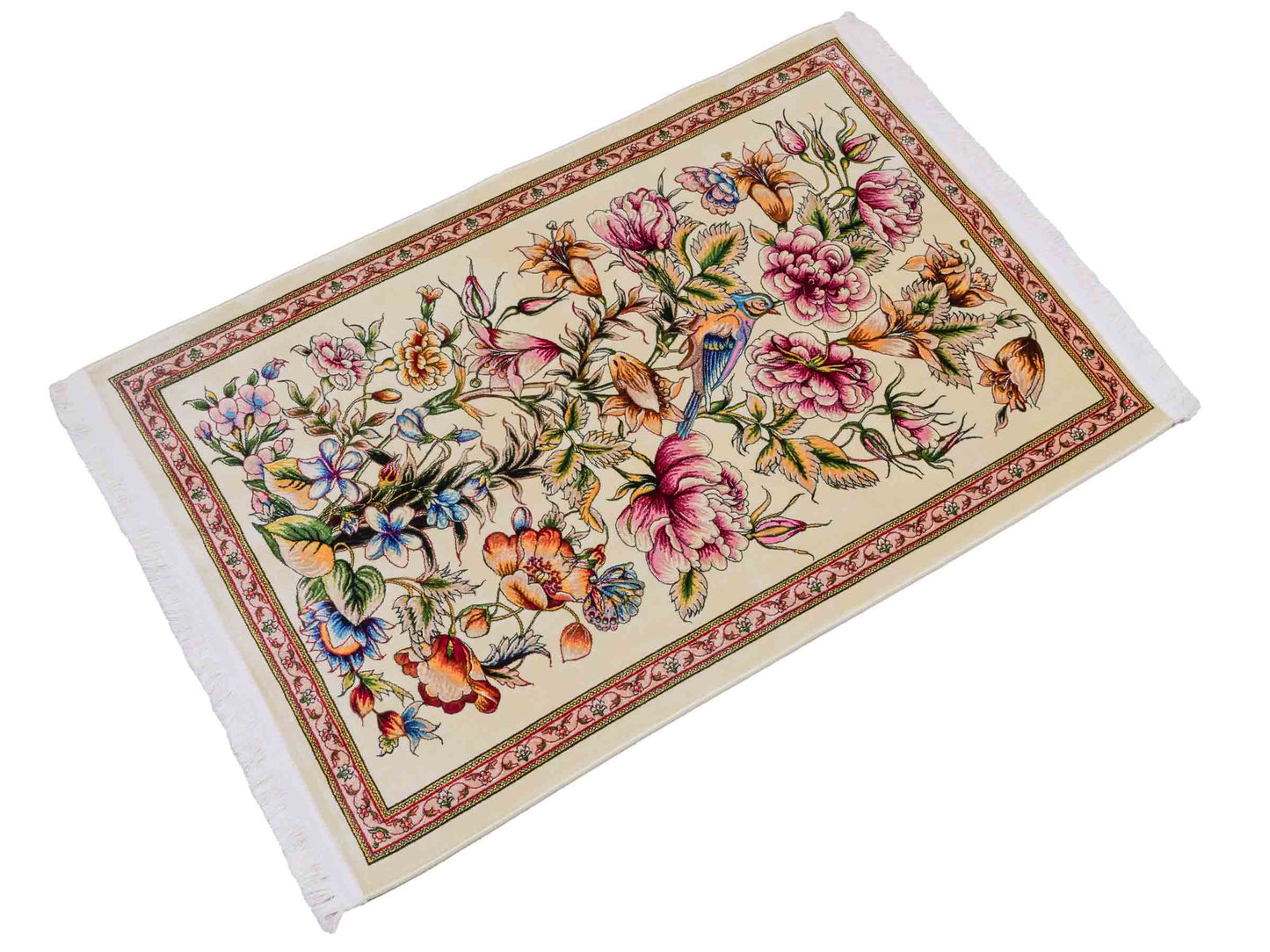 Ghom Maschinenteppich "Jamshid" 90 x 60 cm aus pflanzlicher Seide (Viskose) mit floralem Bildmotiv, Cremeweiß. Teppichnummer: V48CR054M Persian Luxury Collection by Khademi. Made in Iran / Persia – Vertrieb durch JUPITER Intl.