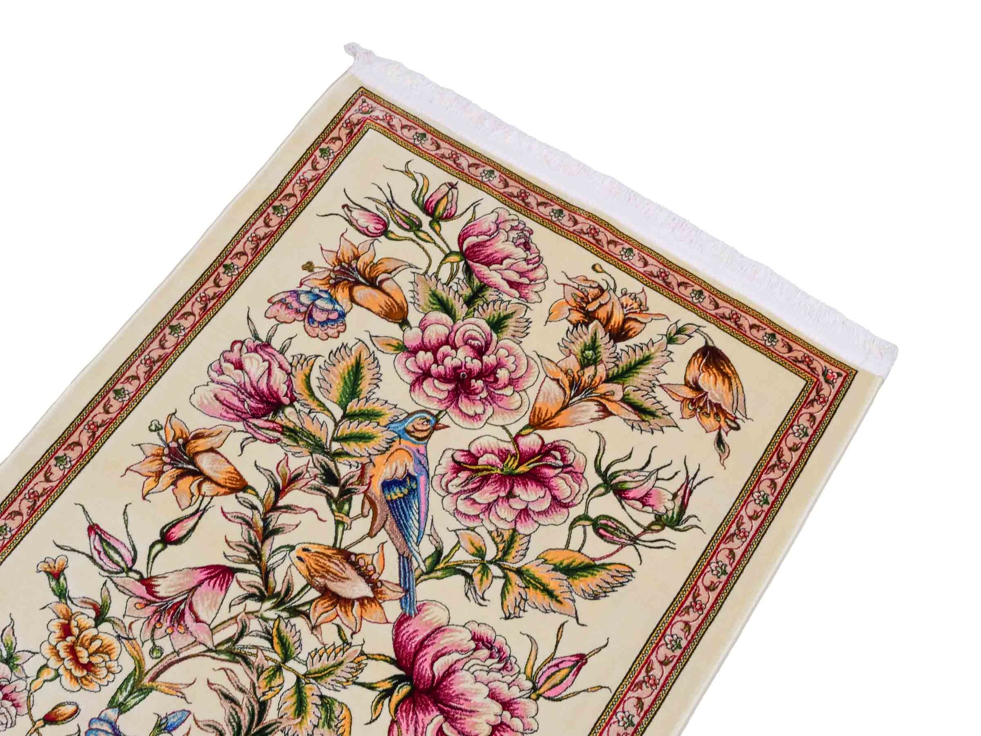 Ghom Maschinenteppich "Jamshid" 90 x 60 cm aus pflanzlicher Seide (Viskose) mit floralem Bildmotiv, Cremeweiß. Teppichnummer: V48CR054M Persian Luxury Collection by Khademi. Made in Iran / Persia – Vertrieb durch JUPITER Intl.