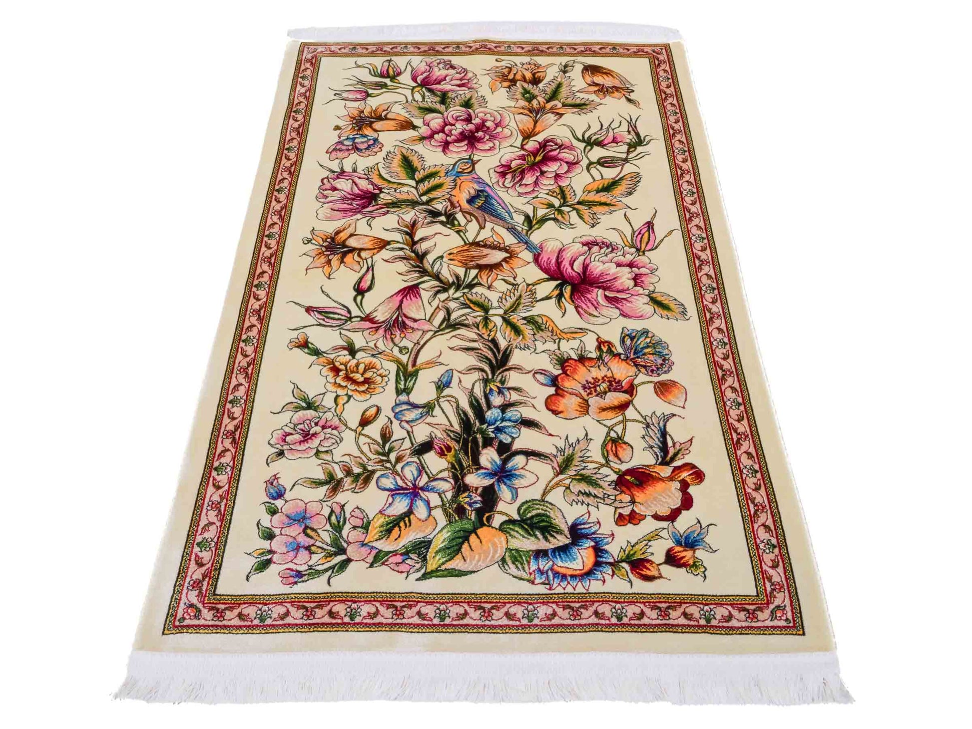 Ghom Maschinenteppich "Jamshid" 90 x 60 cm aus pflanzlicher Seide (Viskose) mit floralem Bildmotiv, Cremeweiß. Teppichnummer: V48CR054M Persian Luxury Collection by Khademi. Made in Iran / Persia – Vertrieb durch JUPITER Intl.