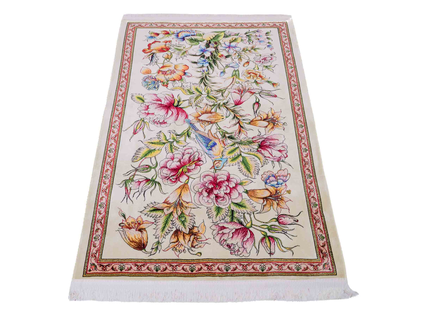 Ghom Maschinenteppich "Jamshid" 90 x 60 cm aus pflanzlicher Seide (Viskose) mit floralem Bildmotiv, Cremeweiß. Teppichnummer: V48CR054M Persian Luxury Collection by Khademi. Made in Iran / Persia – Vertrieb durch JUPITER Intl.