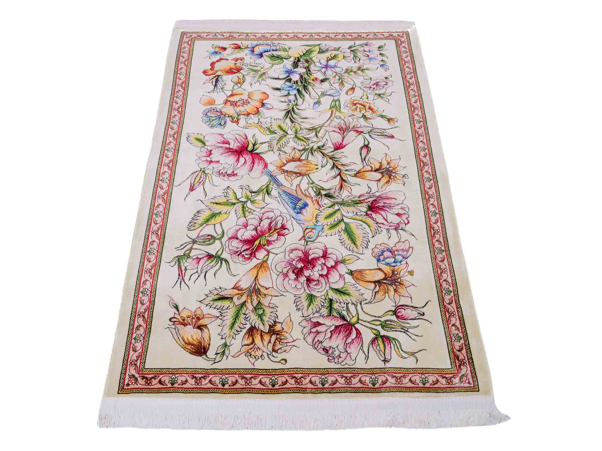 Ghom Maschinenteppich "Jamshid" 90 x 60 cm aus pflanzlicher Seide (Viskose) mit floralem Bildmotiv, Cremeweiß. Teppichnummer: V48CR054M Persian Luxury Collection by Khademi. Made in Iran / Persia – Vertrieb durch JUPITER Intl.