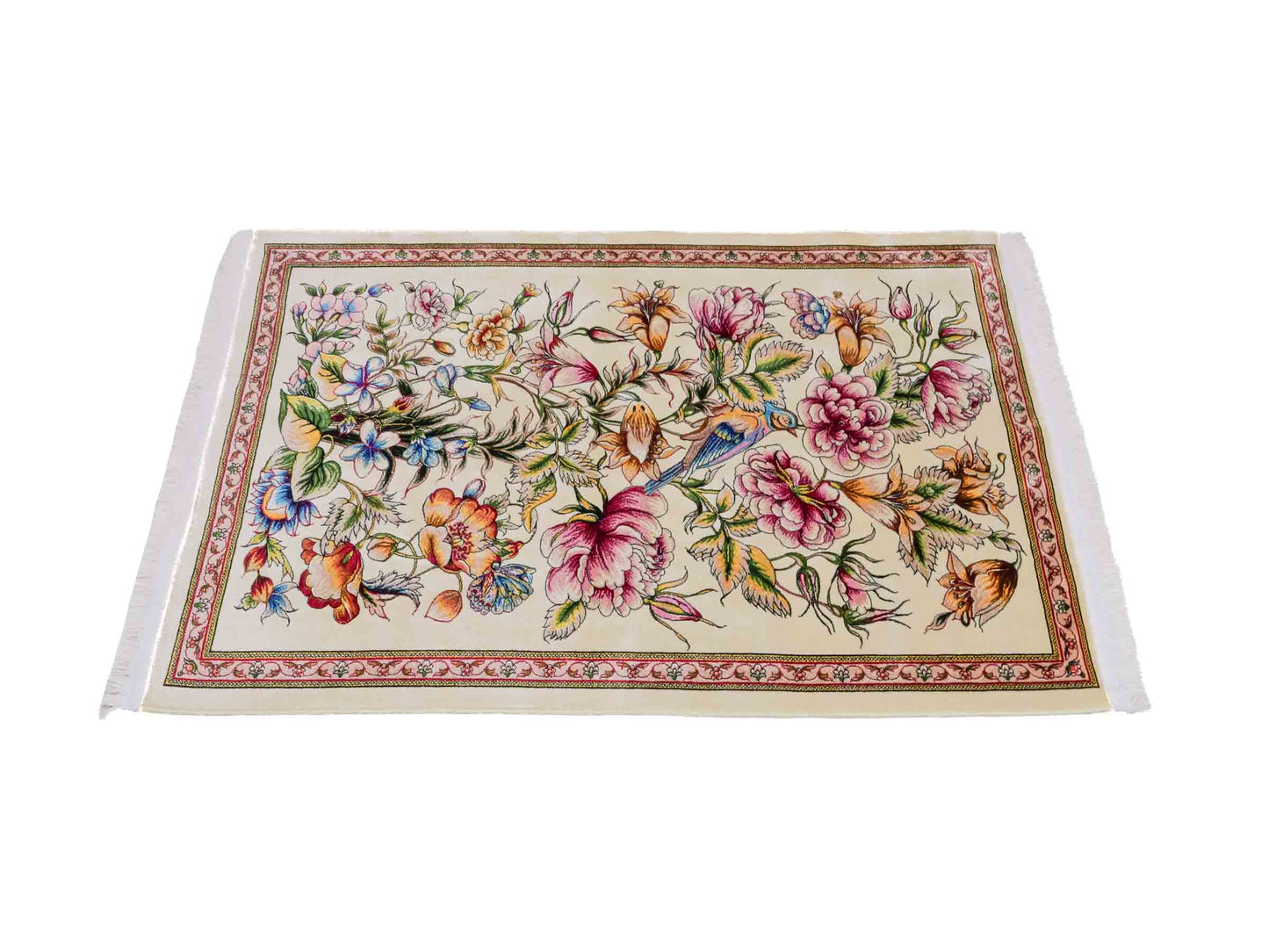 Ghom Maschinenteppich "Jamshid" 90 x 60 cm aus pflanzlicher Seide (Viskose) mit floralem Bildmotiv, Cremeweiß. Teppichnummer: V48CR054M Persian Luxury Collection by Khademi. Made in Iran / Persia – Vertrieb durch JUPITER Intl.