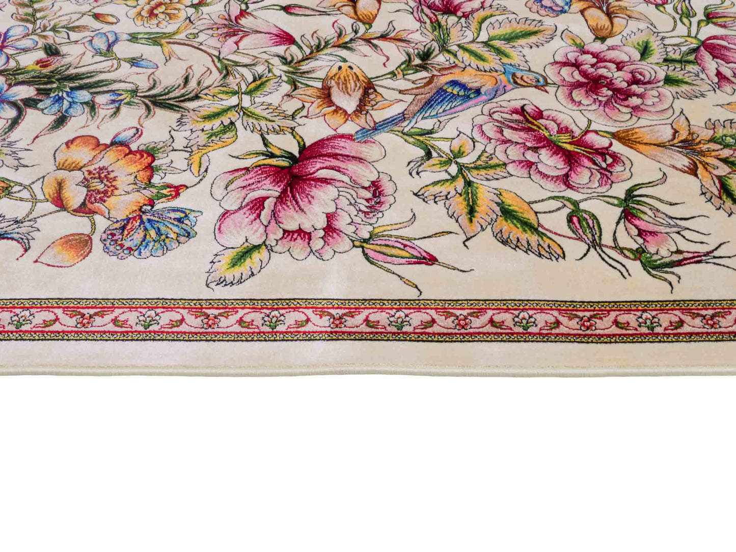 Ghom Maschinenteppich "Jamshid" 90 x 60 cm aus pflanzlicher Seide (Viskose) mit floralem Bildmotiv, Cremeweiß. Teppichnummer: V48CR054M Persian Luxury Collection by Khademi. Made in Iran / Persia – Vertrieb durch JUPITER Intl.