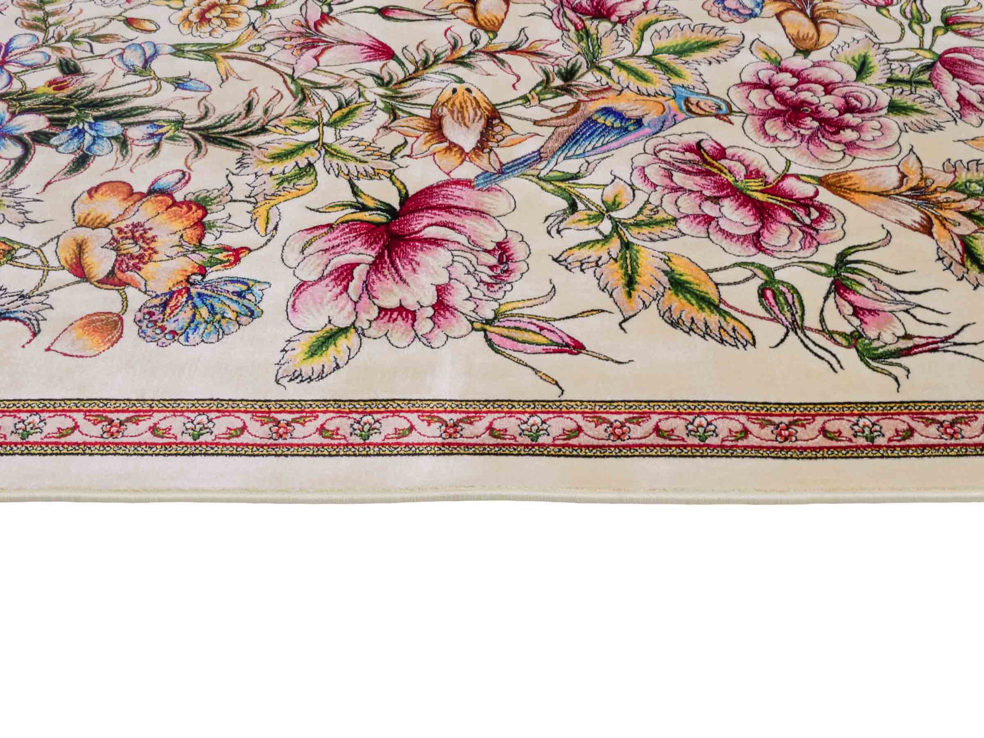 Ghom Maschinenteppich "Jamshid" 90 x 60 cm aus pflanzlicher Seide (Viskose) mit floralem Bildmotiv, Cremeweiß. Teppichnummer: V48CR054M Persian Luxury Collection by Khademi. Made in Iran / Persia – Vertrieb durch JUPITER Intl.