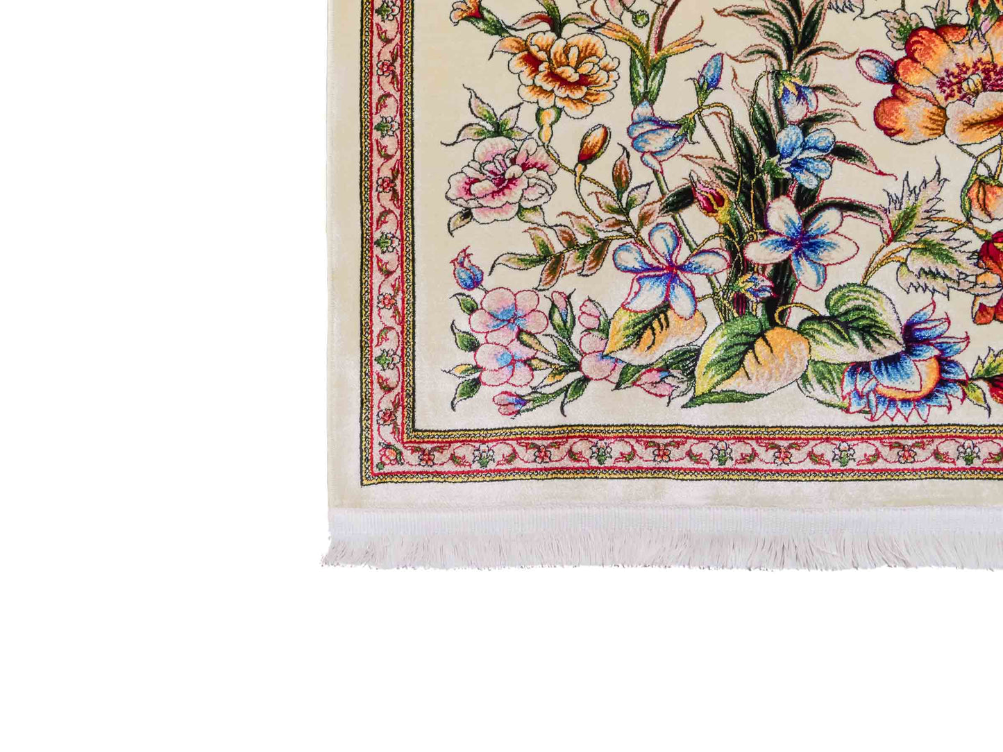 Ghom Maschinenteppich "Jamshid" 90 x 60 cm aus pflanzlicher Seide (Viskose) mit floralem Bildmotiv, Cremeweiß. Teppichnummer: V48CR054M Persian Luxury Collection by Khademi. Made in Iran / Persia – Vertrieb durch JUPITER Intl.
