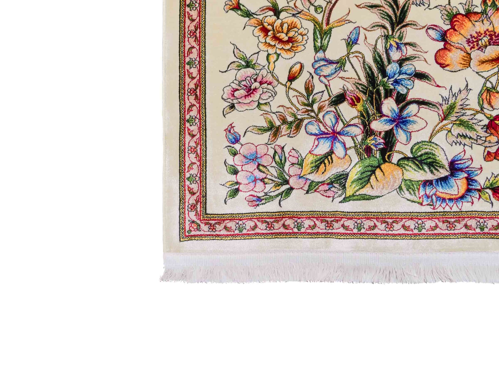 Ghom Maschinenteppich "Jamshid" 90 x 60 cm aus pflanzlicher Seide (Viskose) mit floralem Bildmotiv, Cremeweiß. Teppichnummer: V48CR054M Persian Luxury Collection by Khademi. Made in Iran / Persia – Vertrieb durch JUPITER Intl.
