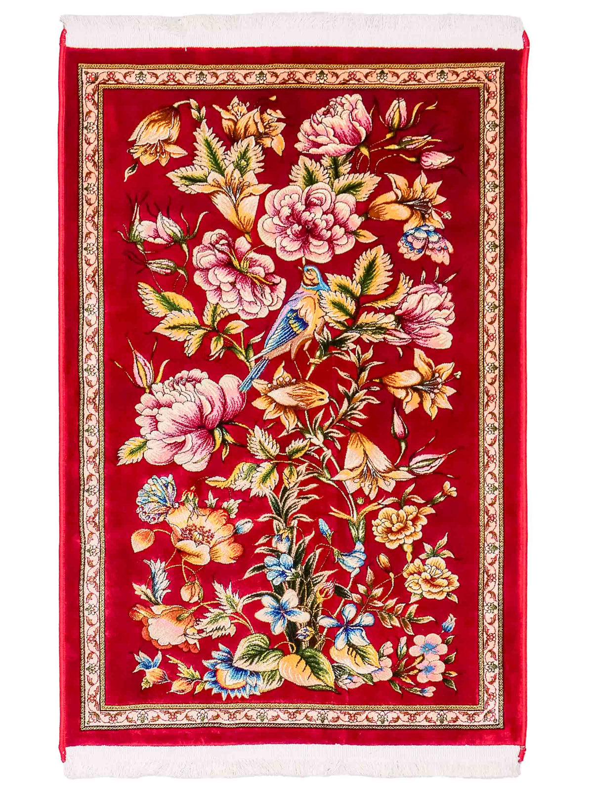 Ghom Maschinenteppich "Jamshid" 90 x 60 cm aus pflanzlicher Seide (Viskose) mit floralem Bildmotiv, Rot. Teppichnummer: V48RD054M Persian Luxury Collection by Khademi. Made in Iran / Persia – Vertrieb durch JUPITER Intl.