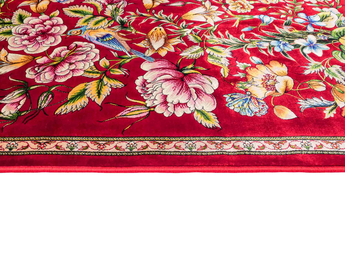 Ghom Maschinenteppich "Jamshid" 90 x 60 cm aus pflanzlicher Seide (Viskose) mit floralem Bildmotiv, Rot. Teppichnummer: V48RD054M Persian Luxury Collection by Khademi. Made in Iran / Persia – Vertrieb durch JUPITER Intl.