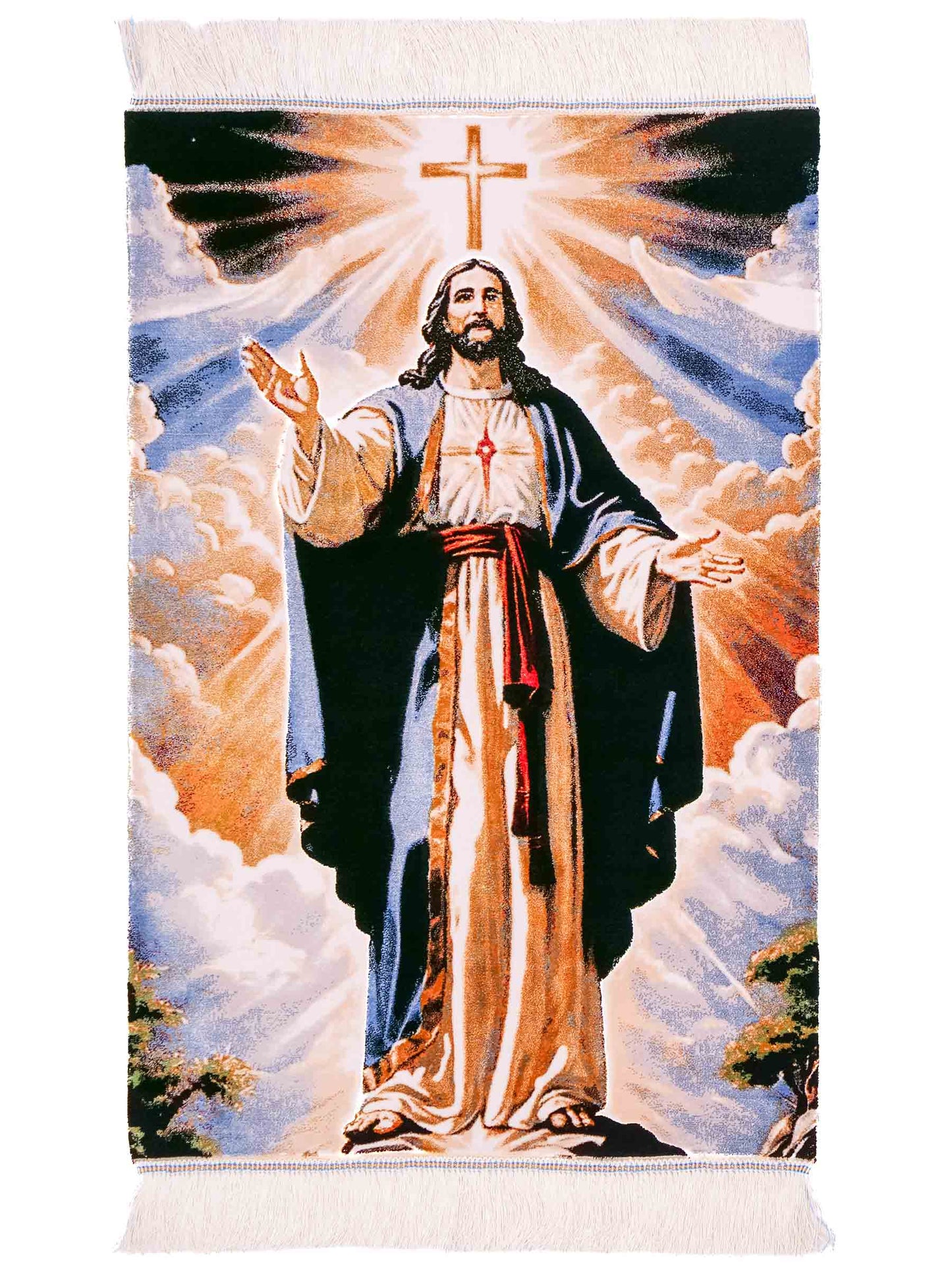 Ghom Maschinenteppich "Jesus Christus" 90 x 60 cm aus pflanzlicher Seide (Viskose). Wandteppich mit Bildmotiv, Mehrfarbig. Teppichnummer: V33MC054H. Persian Luxury Collection by Khademi. Made in Iran / Persia – Vertrieb durch JUPITER Intl.