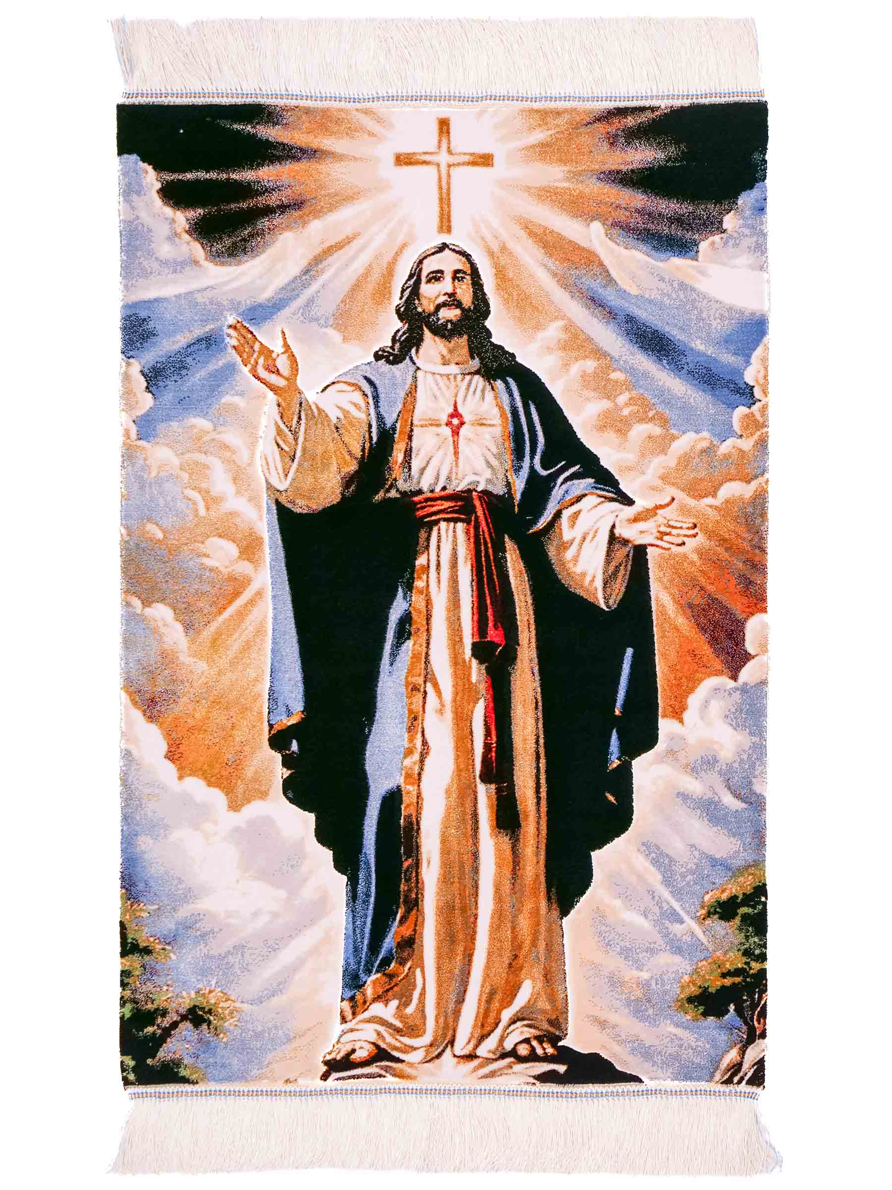 Ghom Maschinenteppich "Jesus Christus" 90 x 60 cm aus pflanzlicher Seide (Viskose). Wandteppich mit Bildmotiv, Mehrfarbig. Teppichnummer: V33MC054H. Persian Luxury Collection by Khademi. Made in Iran / Persia – Vertrieb durch JUPITER Intl.