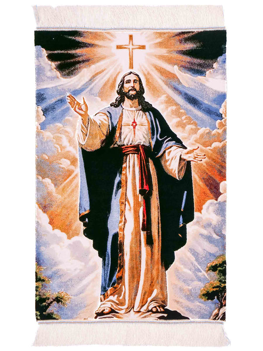 Ghom Maschinenteppich "Jesus Christus" 90 x 60 cm aus pflanzlicher Seide (Viskose). Wandteppich mit Bildmotiv, Mehrfarbig. Teppichnummer: V33MC054H. Persian Luxury Collection by Khademi. Made in Iran / Persia – Vertrieb durch JUPITER Intl.